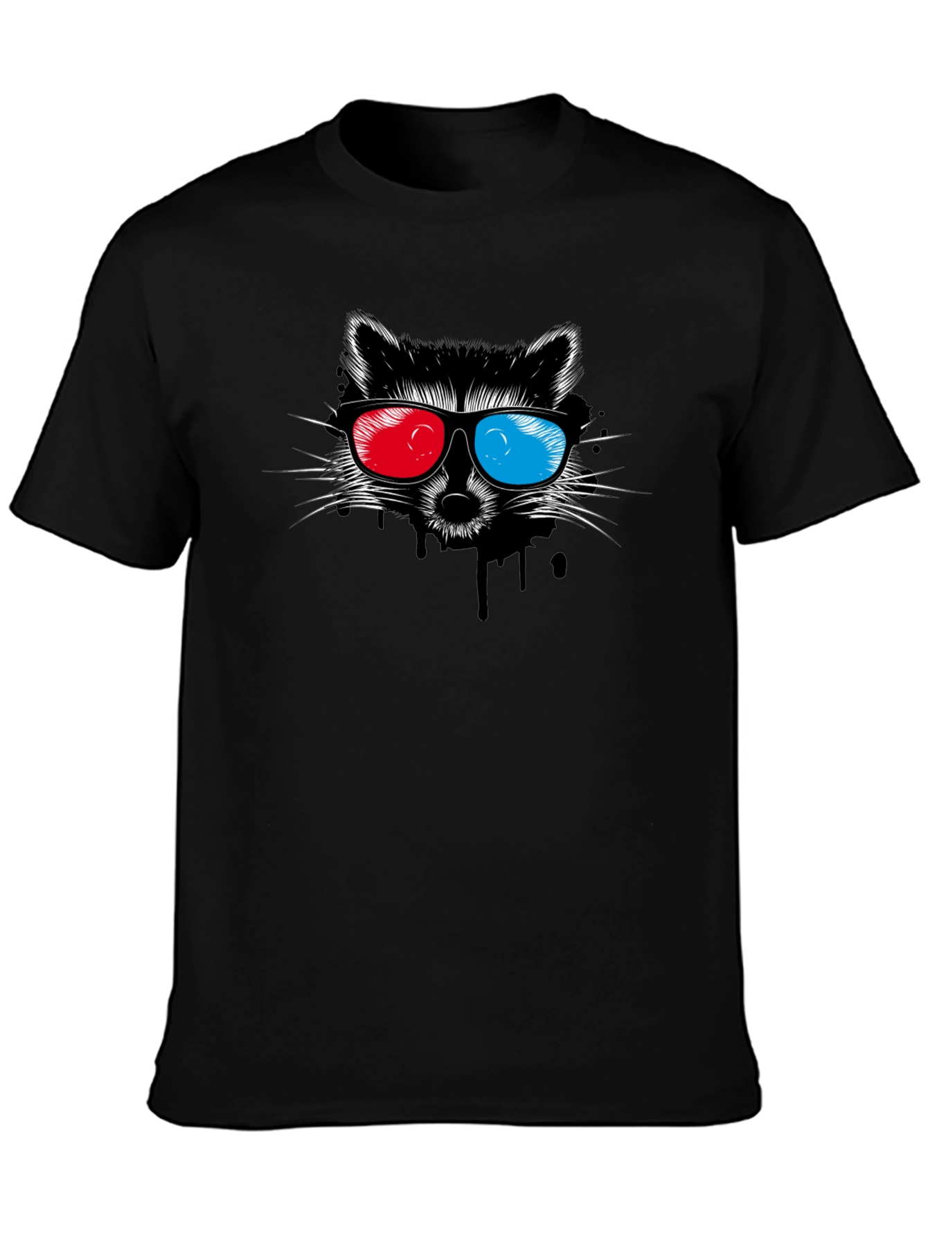 Black Cool Raccoon 3D Glasses Graphic Black T-Shirt view 3