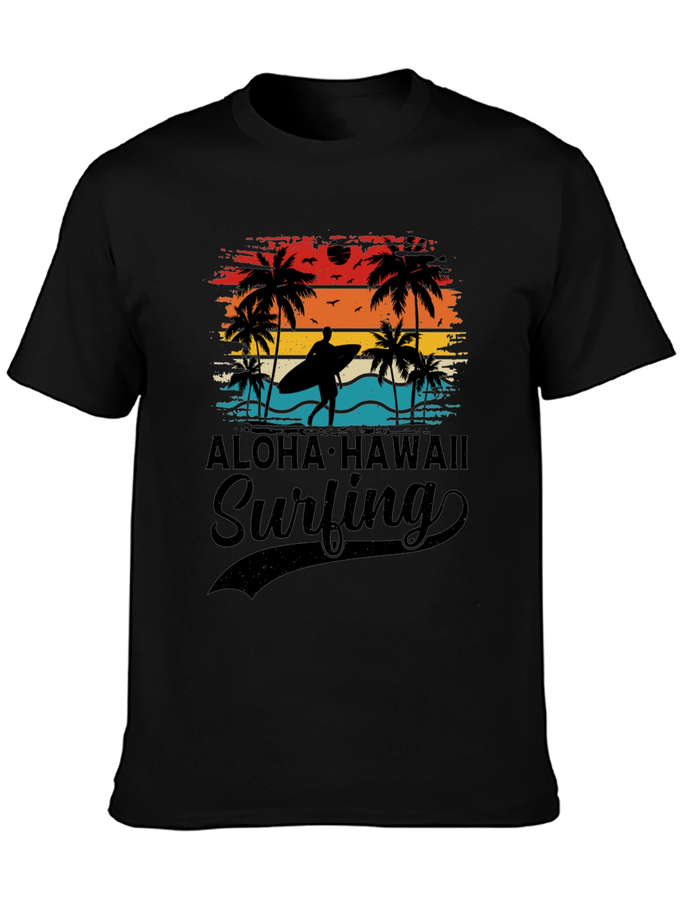 Black Aloha Hawaii Surfing T-Shirt Palm Tree Sunset Tee view 3