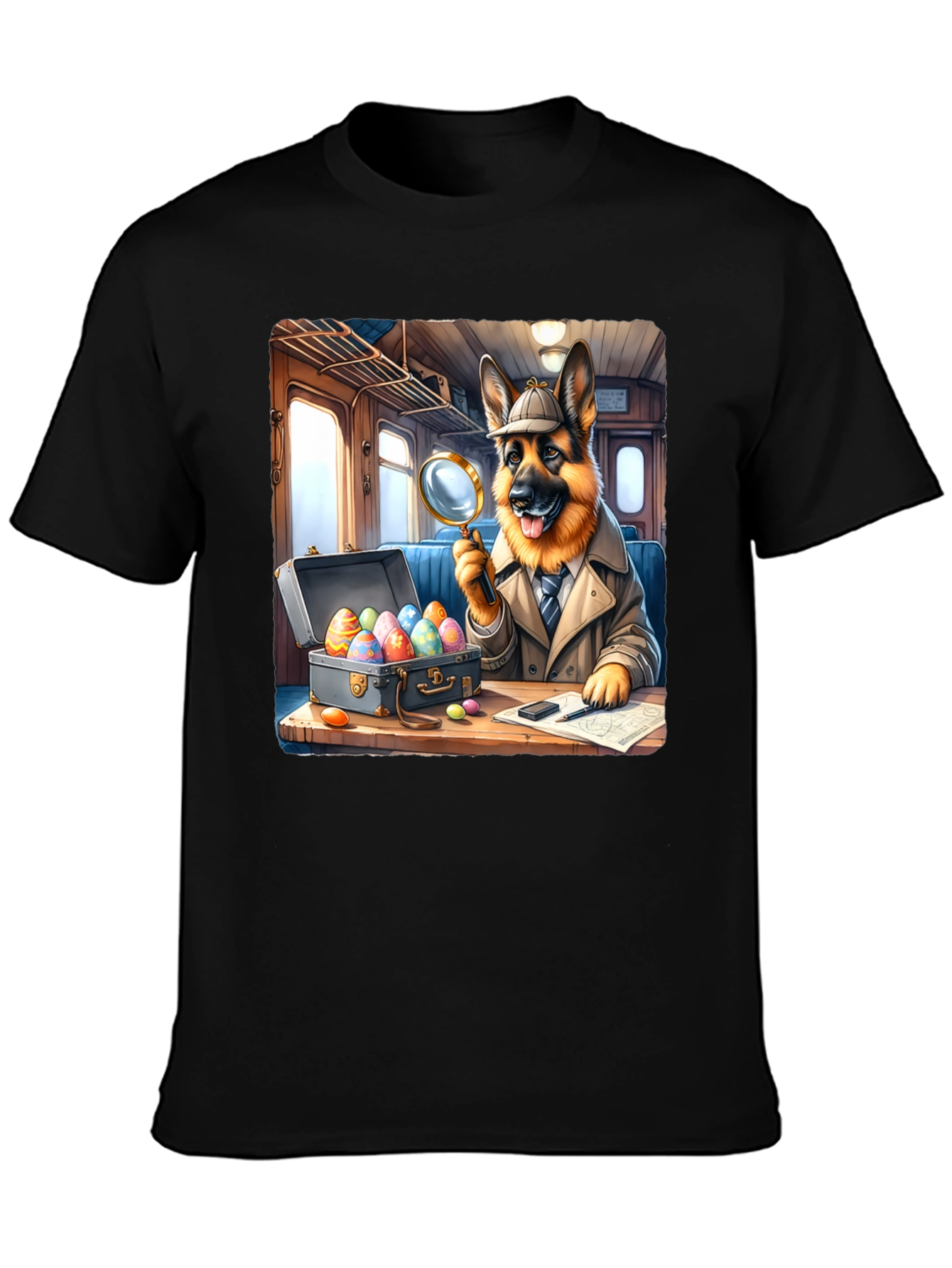 Black Detective Dog Easter Egg Hunt T-Shirt view 3