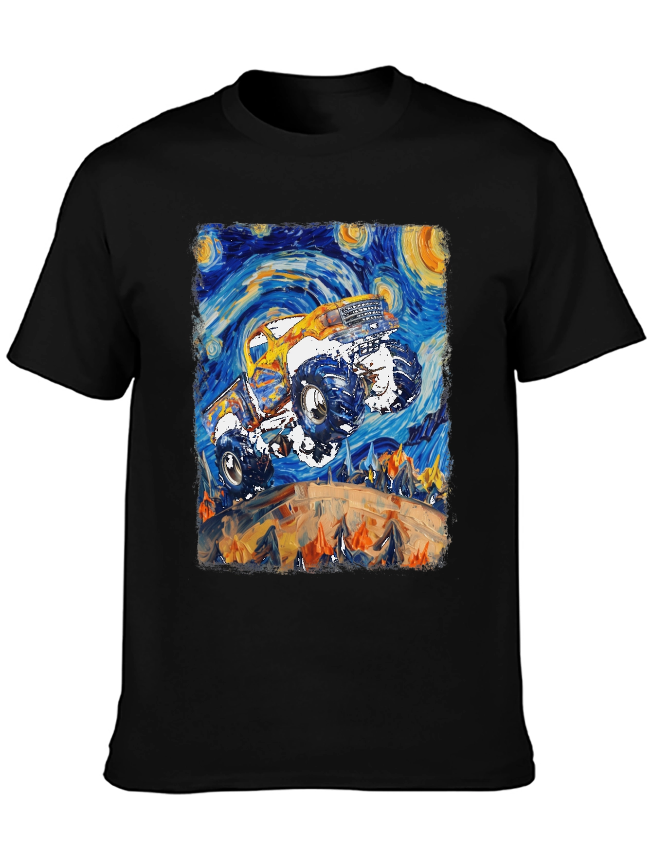 Black Monster Truck Starry Night Art Graphic T-Shirt view 3