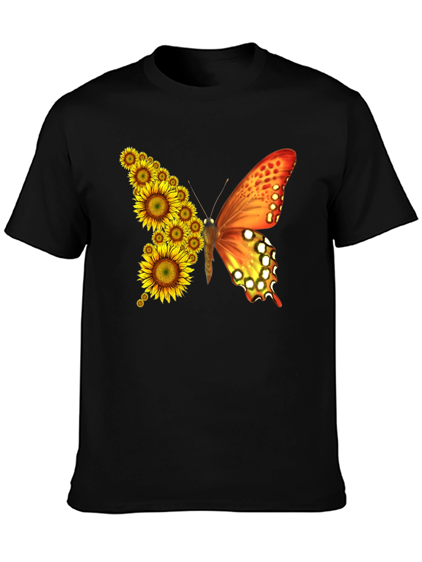 Sunflower Butterfly Graphic Tee - Black Cotton Blend Shirt - 3
