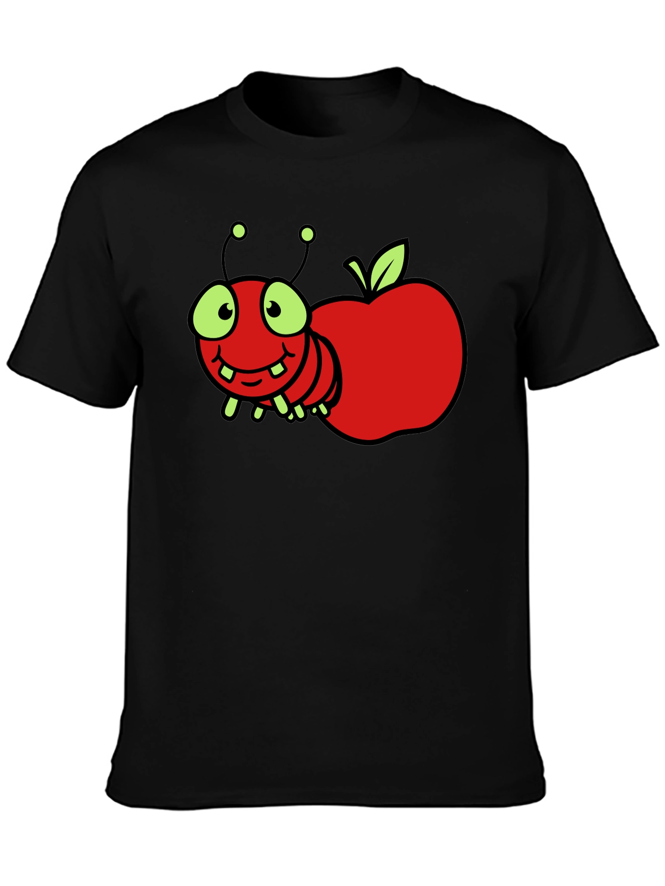 Black Cartoon Worm Apple T-Shirt view 3