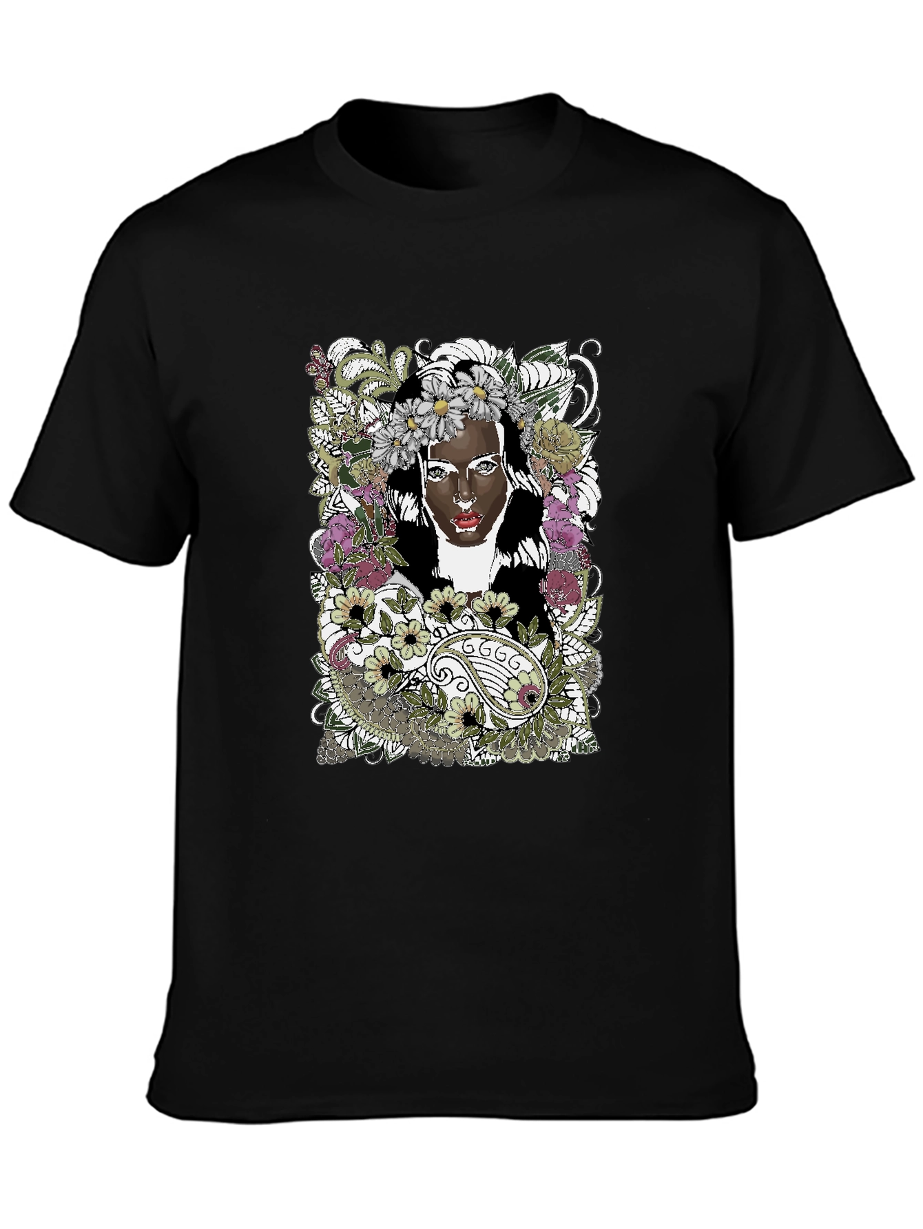 Black Floral Woman Graphic Tee - Black Unisex T-Shirt view 3