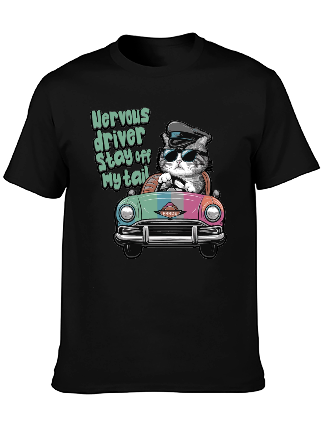 Black Nervous Driver Cat T-Shirt view 3