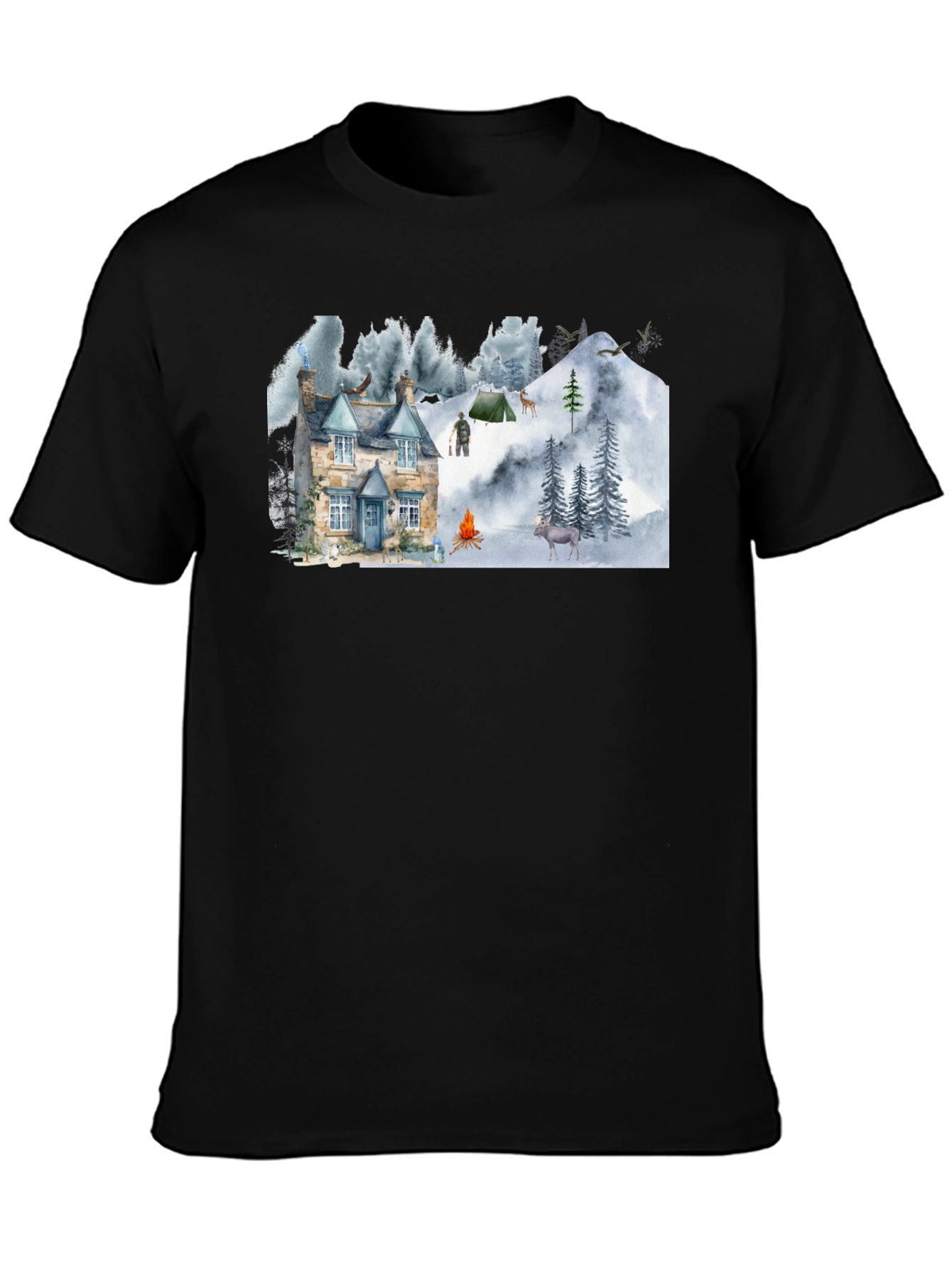 Black Cozy Cabin Mountain Scene Graphic T-Shirt view 3