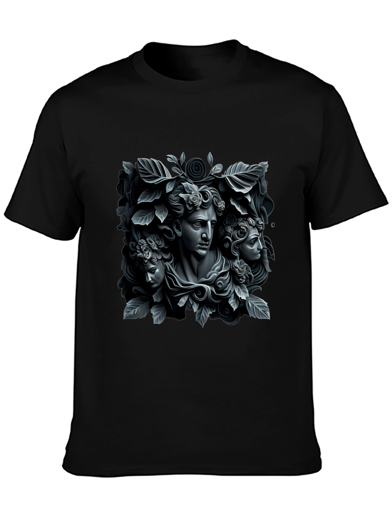 Black Ancient Art Tee: Floral Statue T-Shirt view 3
