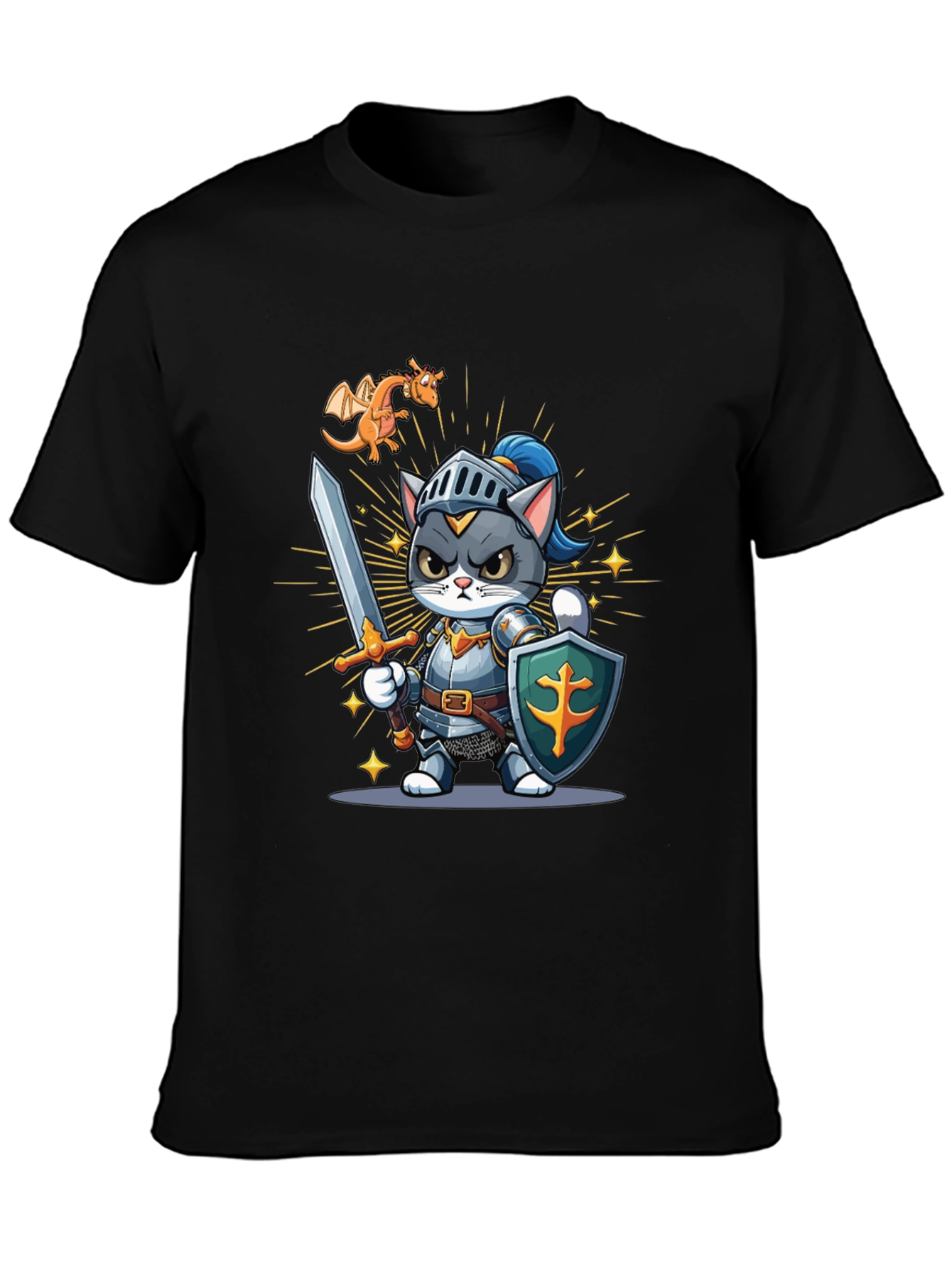 Black Cat Knight T-Shirt: Cartoon Medieval Warrior Tee view 3