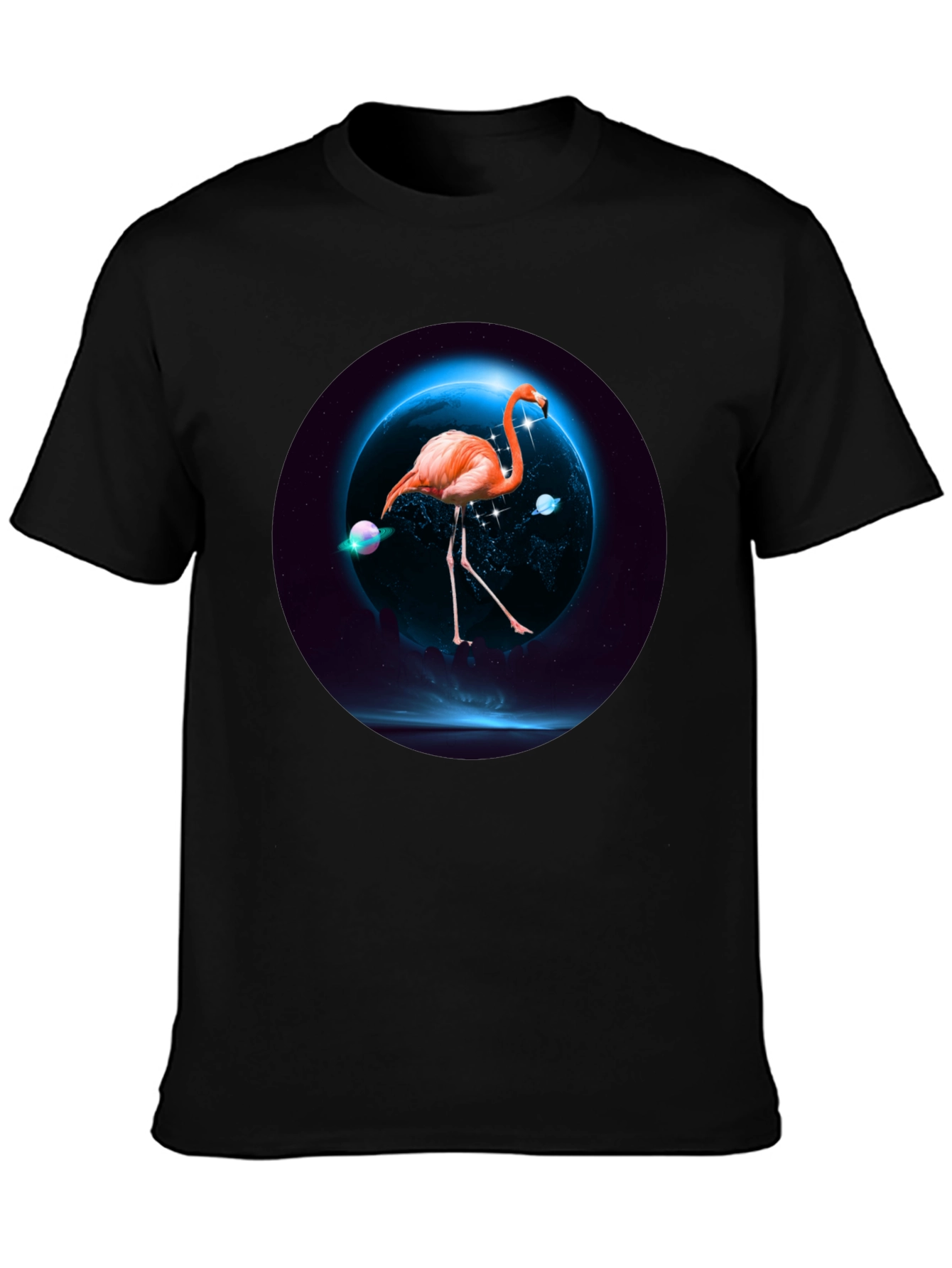 Black Flamingo in Space T-Shirt view 3