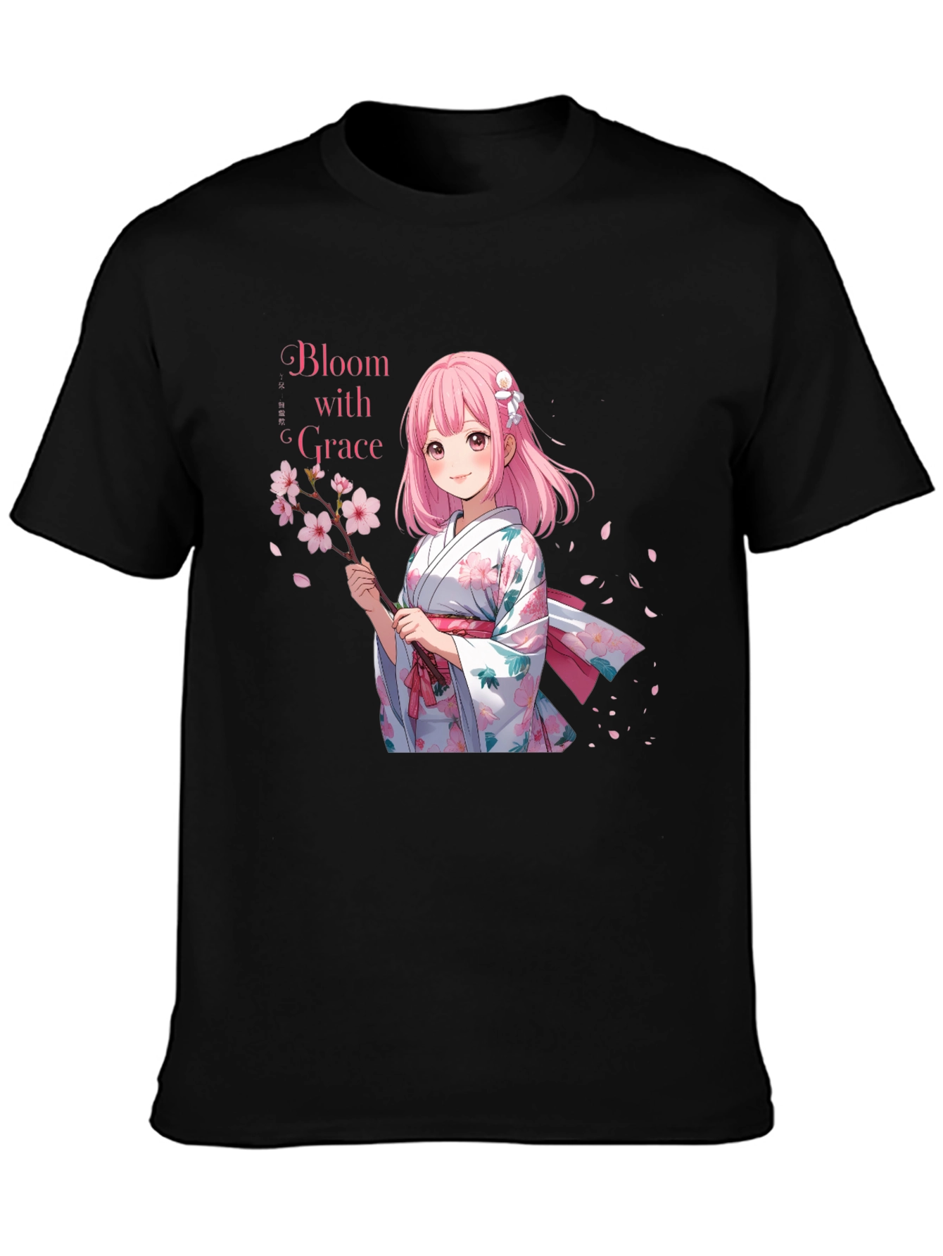 Black Anime Girl Cherry Blossom T-Shirt view 3