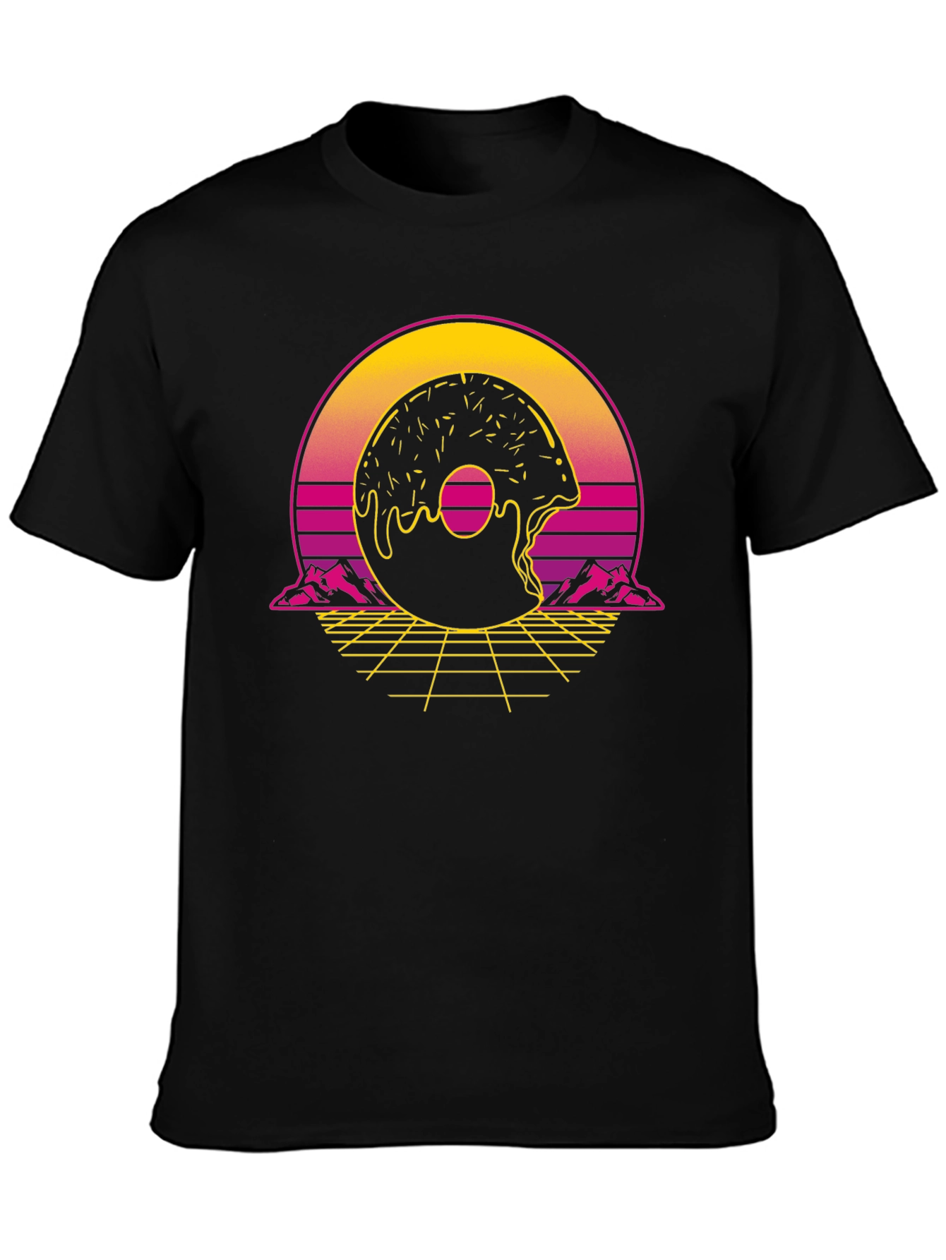 Black Retro Donut Graphic Tee - Synthwave Style view 3