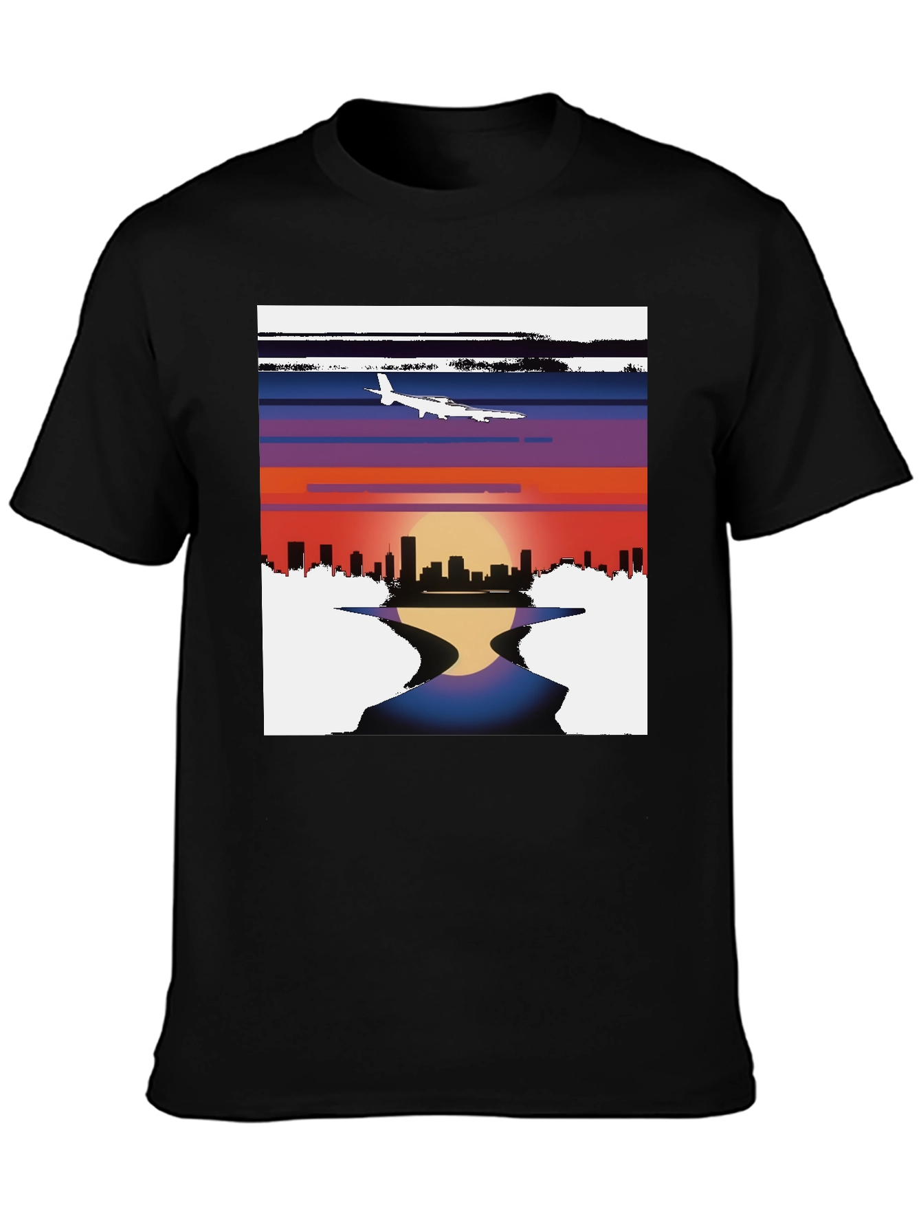 Black Sunset Airplane Cityscape Graphic Tee view 3