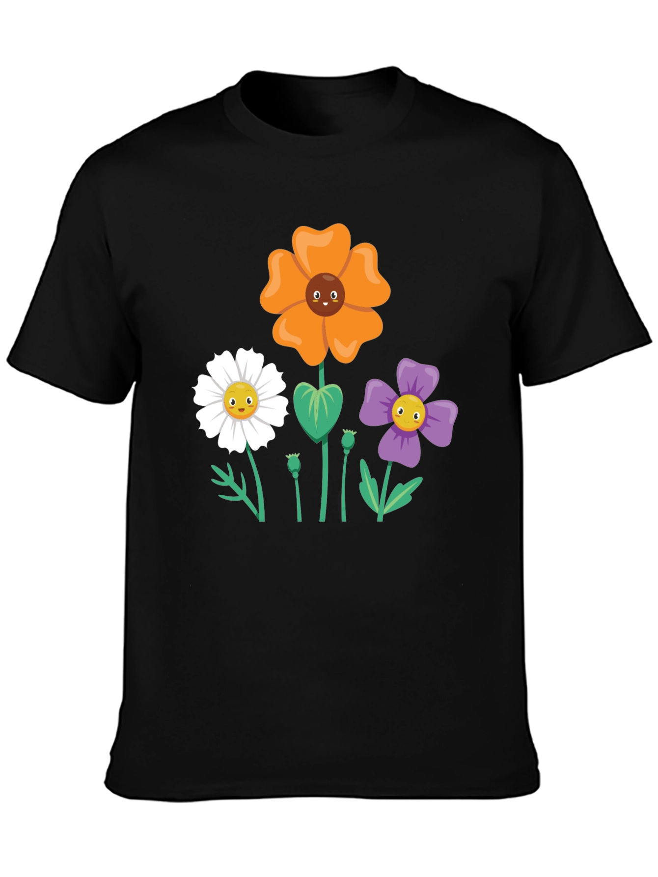 Black Floral Graphic Tee - Cartoon Flower Shirt view 3