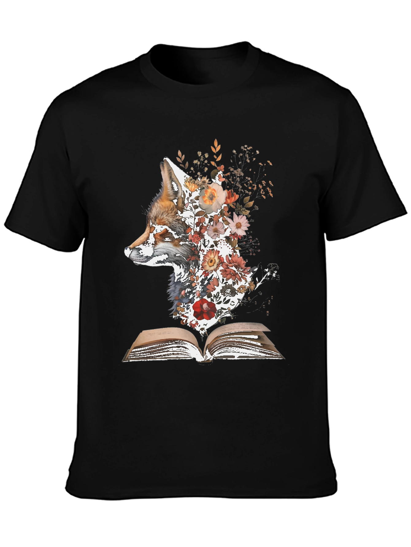 Black Fox & Flowers Book T-Shirt - Unique Nature Graphic Tee view 3