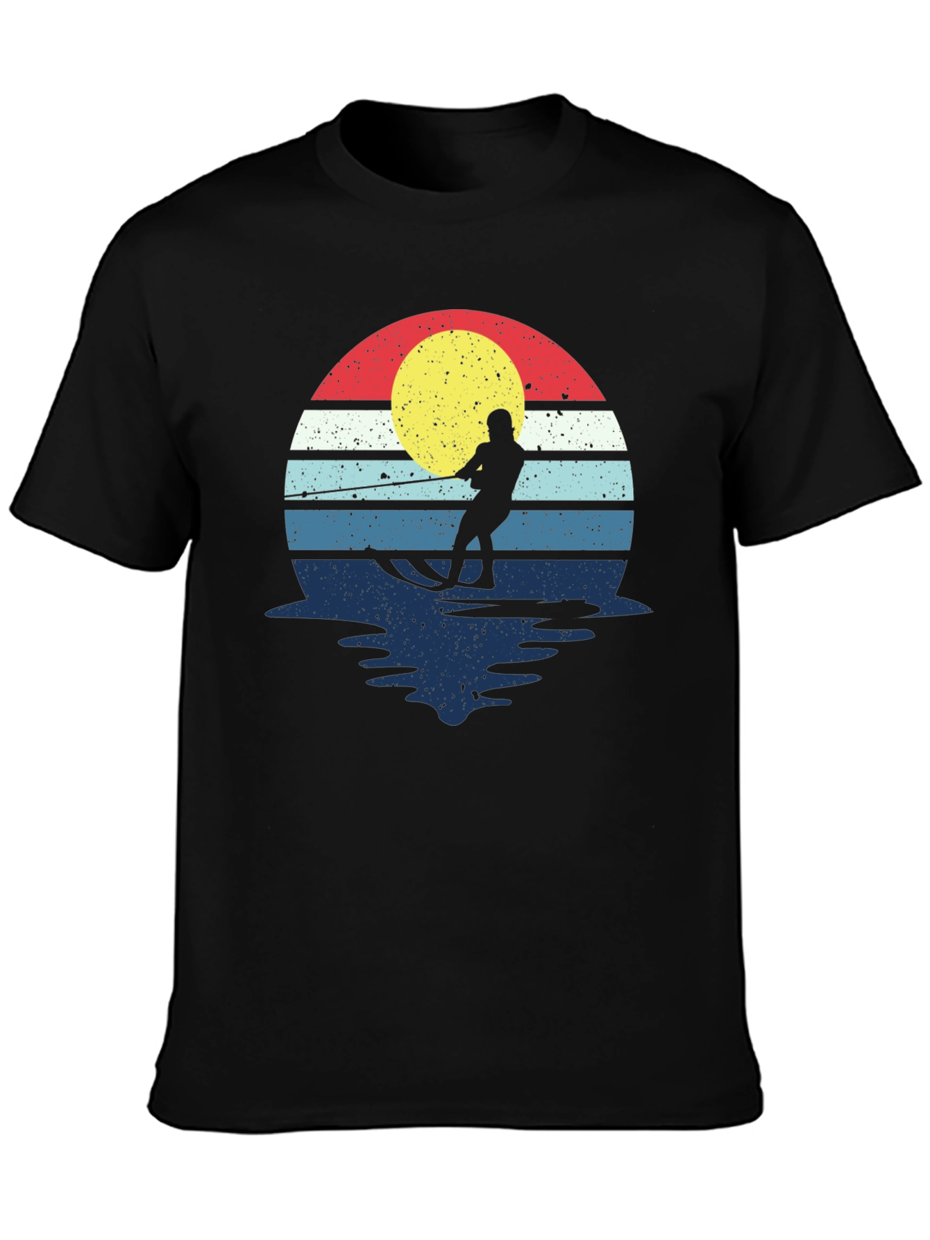 Black Retro Water Skiing T-Shirt - Vintage Sunset Design view 3