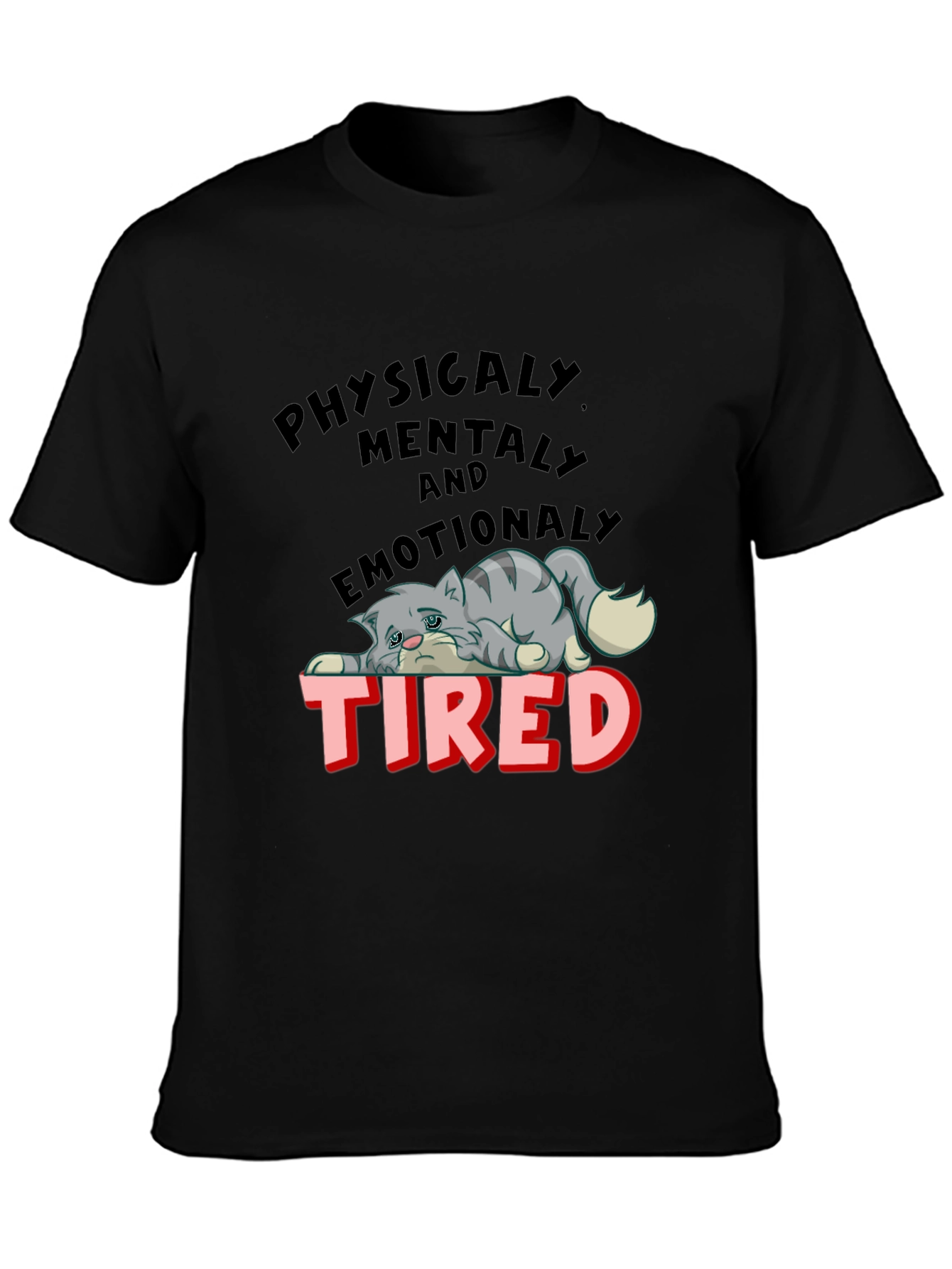 Black Emotionally Tired Cat Graphic Tee view 3