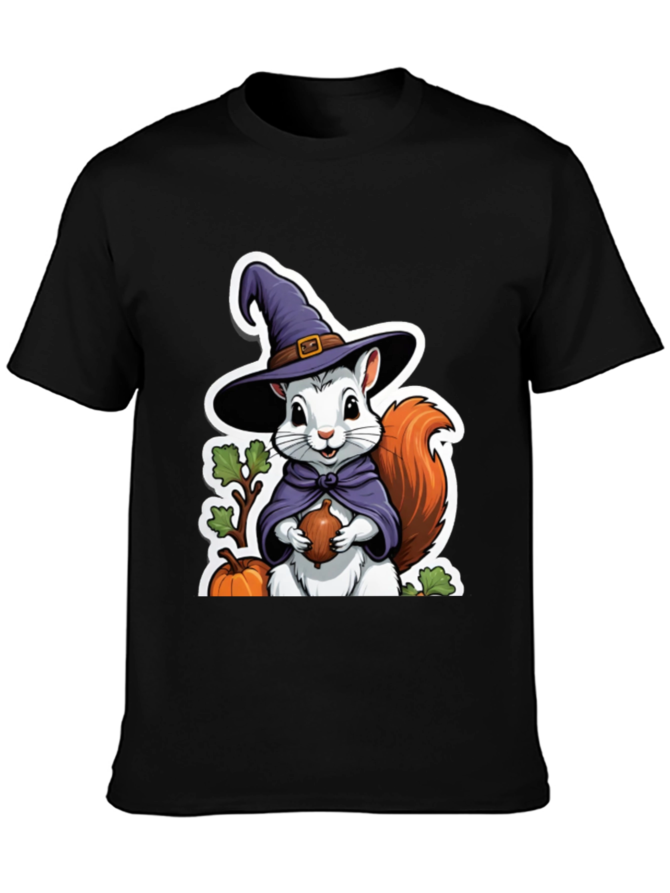 Black Whimsical Squirrel Witch T-Shirt view 3