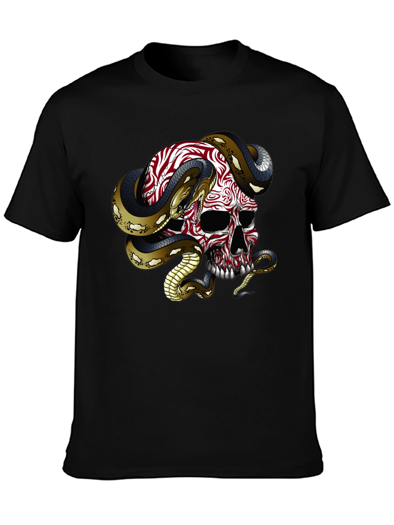 Black Skull & Snake Graphic Tee - Men's Black Cotton T-Shirt view 3
