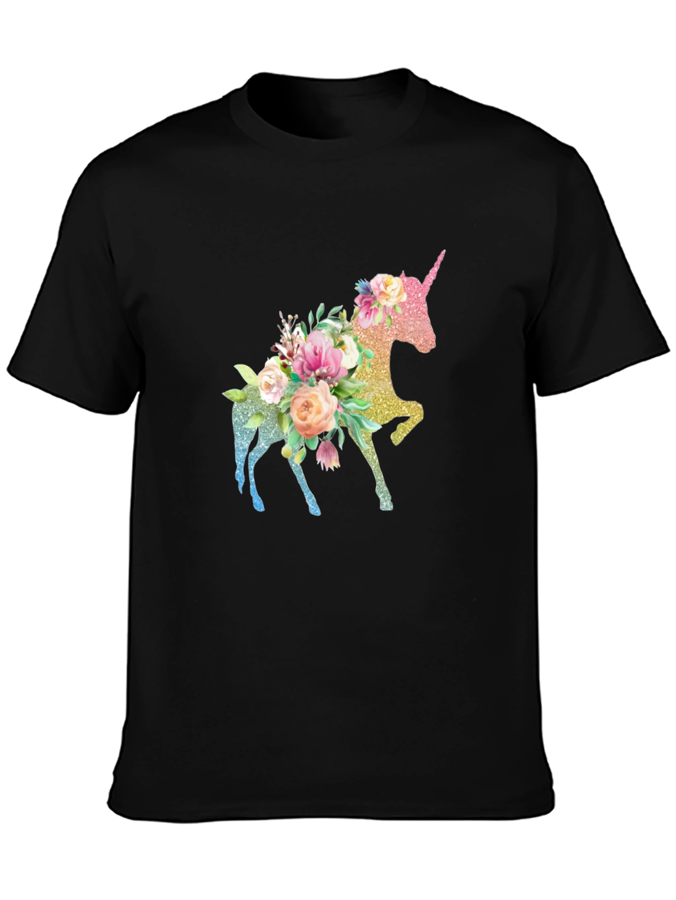 Floral Unicorn Black T-Shirt - Magical Graphic Tee - 3