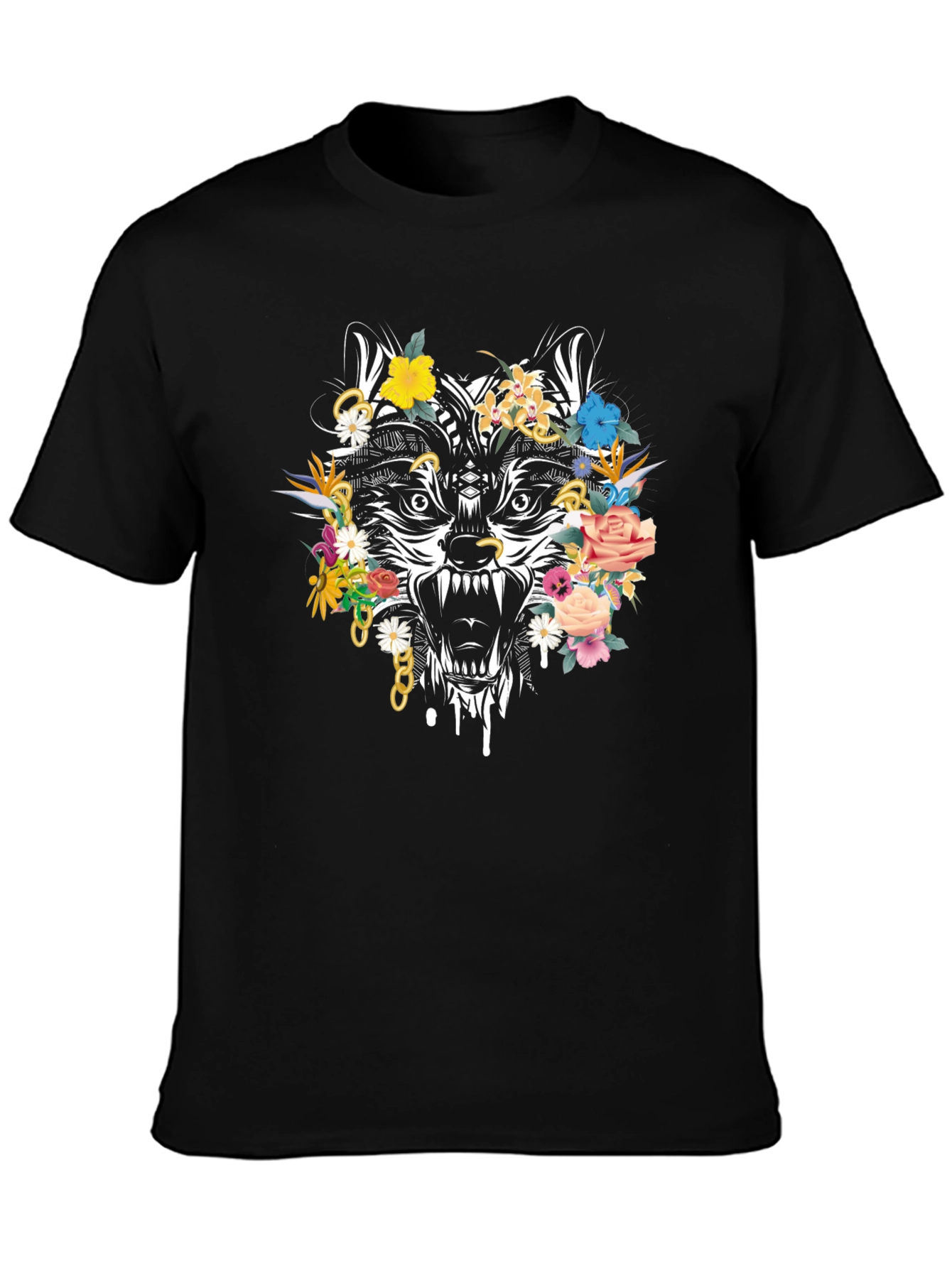 Black Floral Wolf Graphic Tee - Men's Black T-Shirt view 3