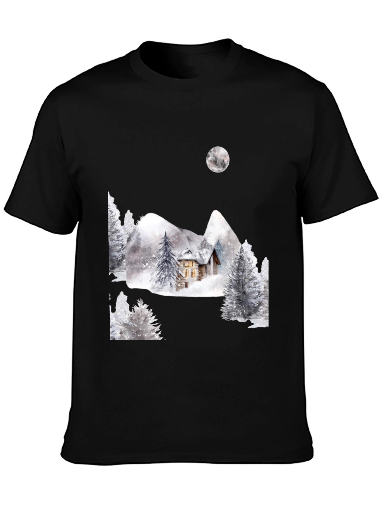 Black Winter Cabin Scene Black T-Shirt view 3