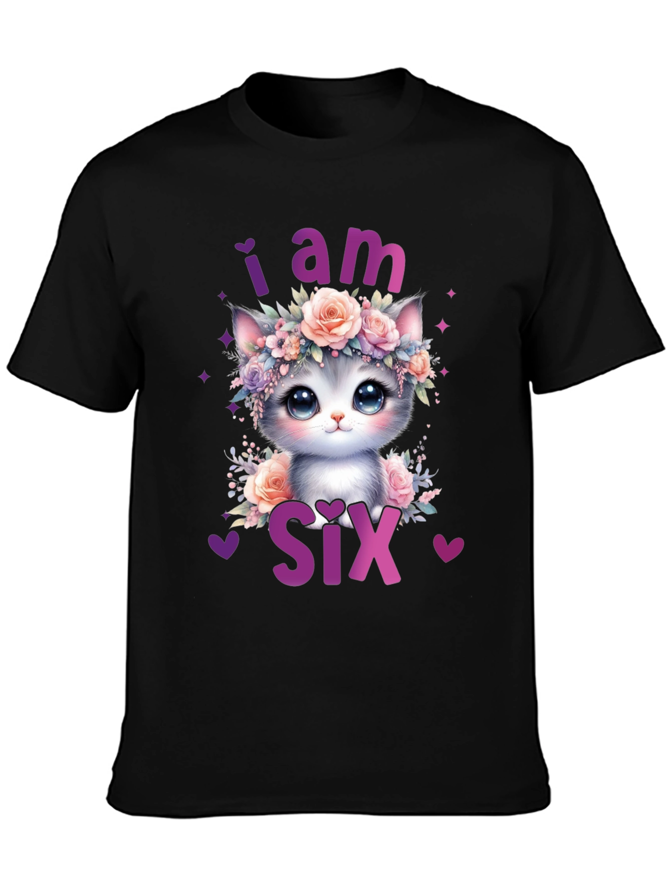 Black Cute Cat "I am Six" Birthday T-Shirt view 3