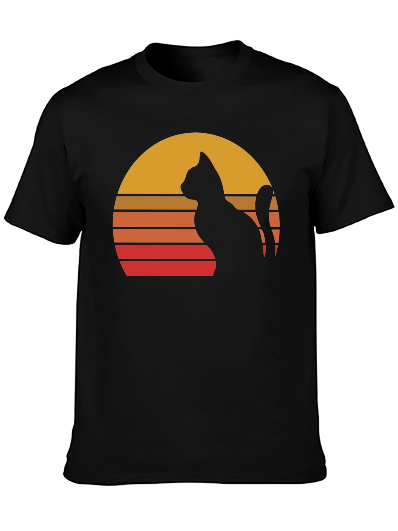 Black Retro Cat Sunset Graphic Tee - Black Cotton Blend Shirt view 3