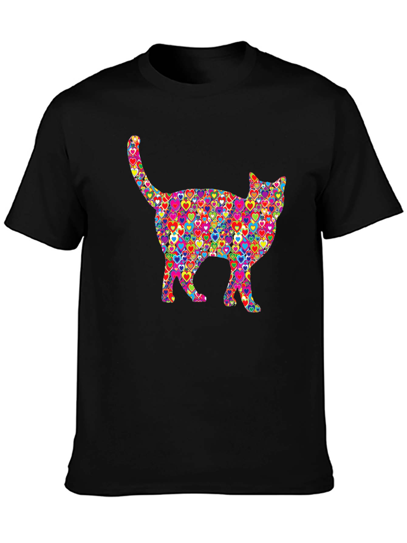 Black Colorful Heart Cat Graphic T-Shirt view 3