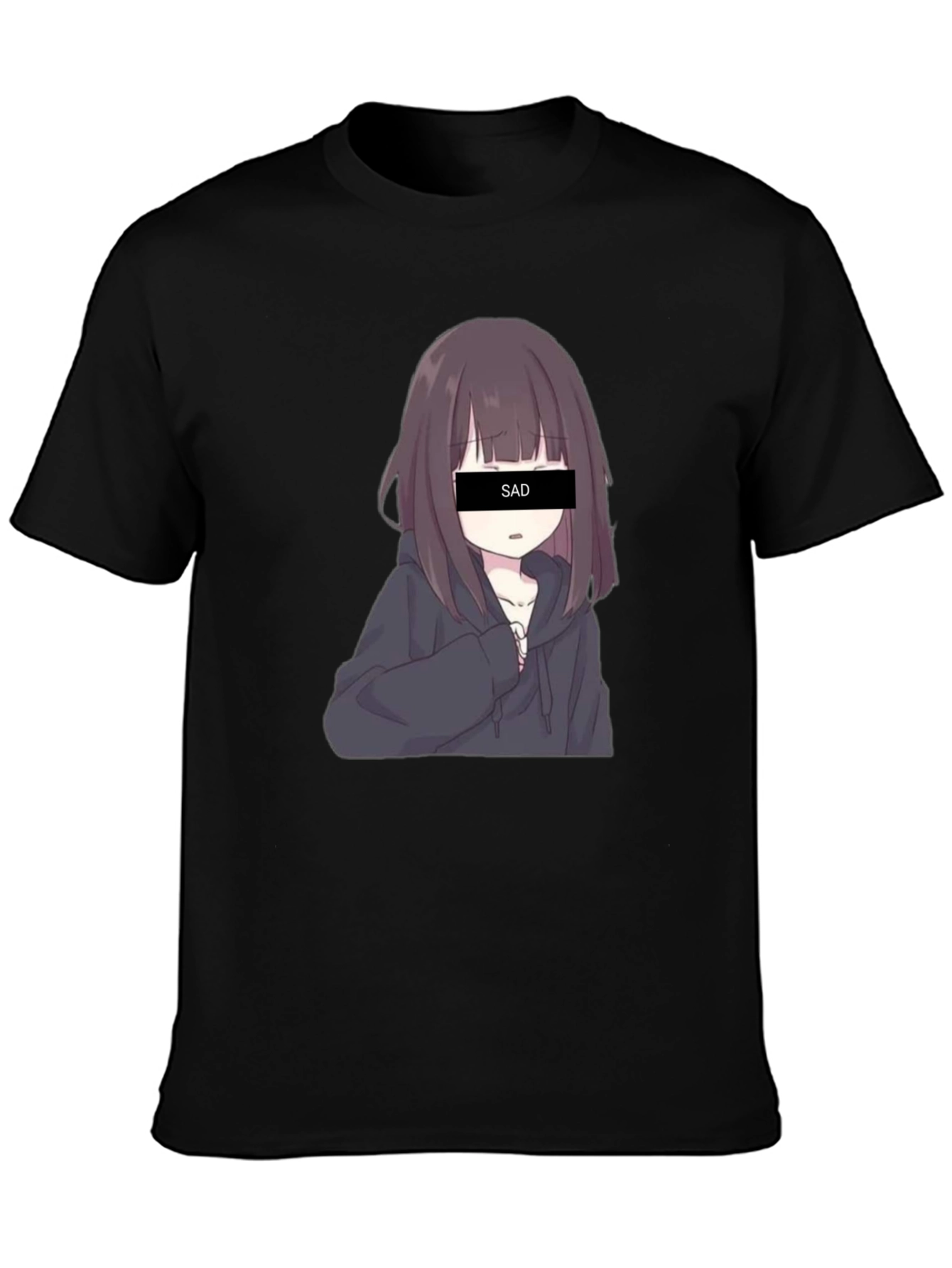 Black Anime Sad Girl Graphic Print Black T-Shirt view 3