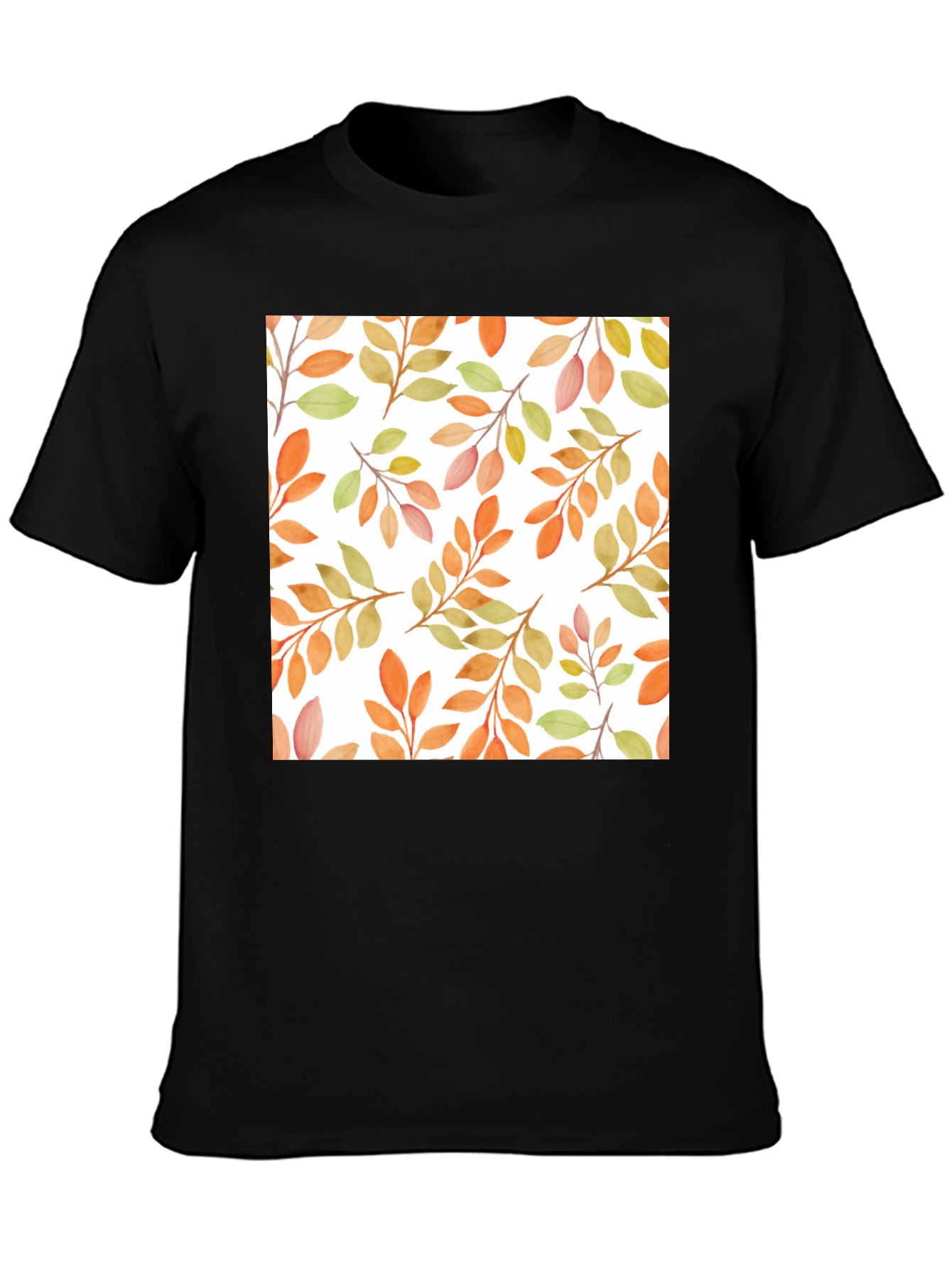 Black Autumn Leaves Pattern Black T-Shirt view 3