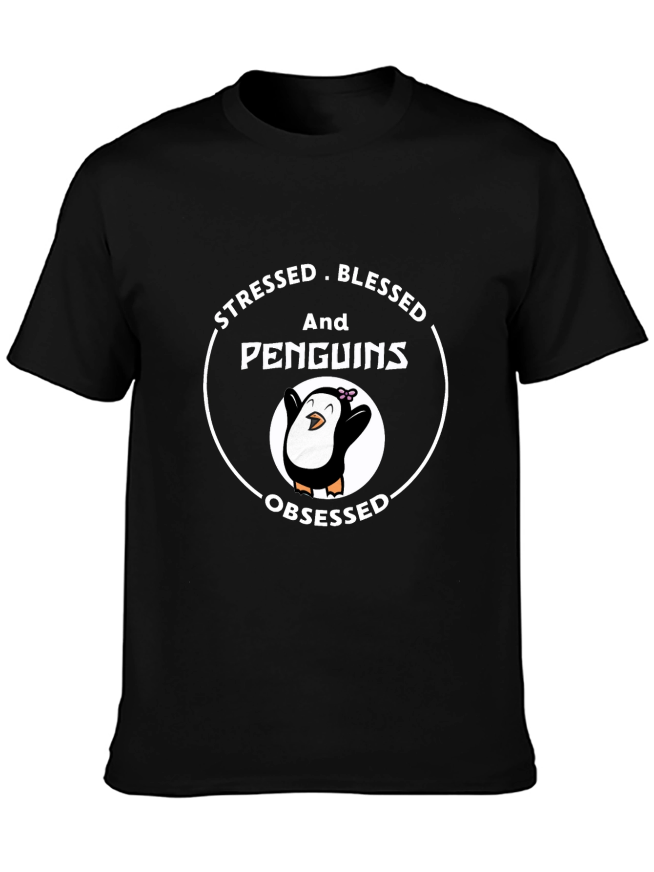 Black Stressed Blessed Penguins Obsessed T-Shirt view 3