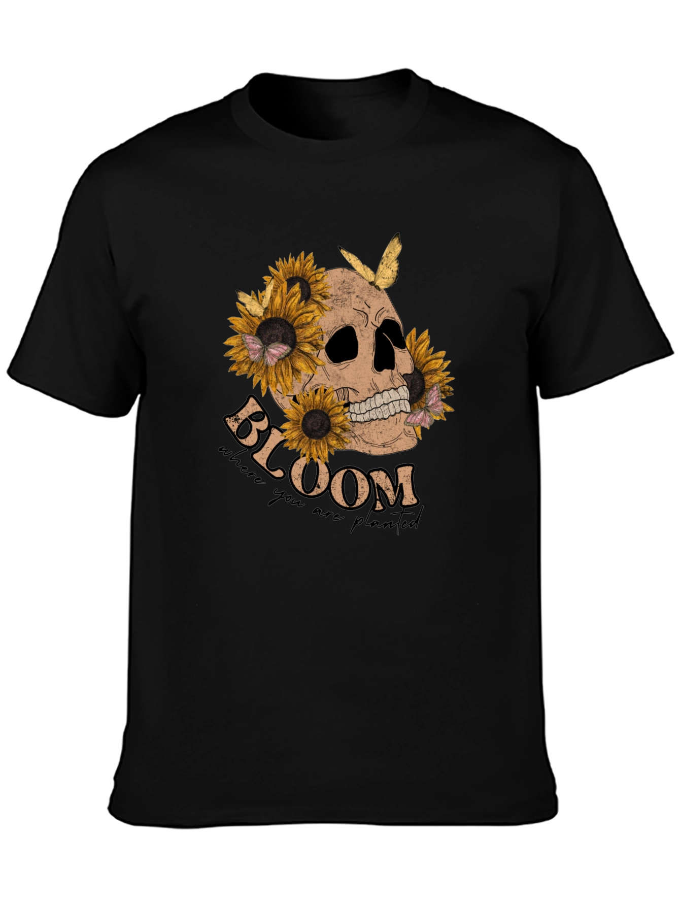 Black Skull & Sunflower Graphic T-Shirt view 3