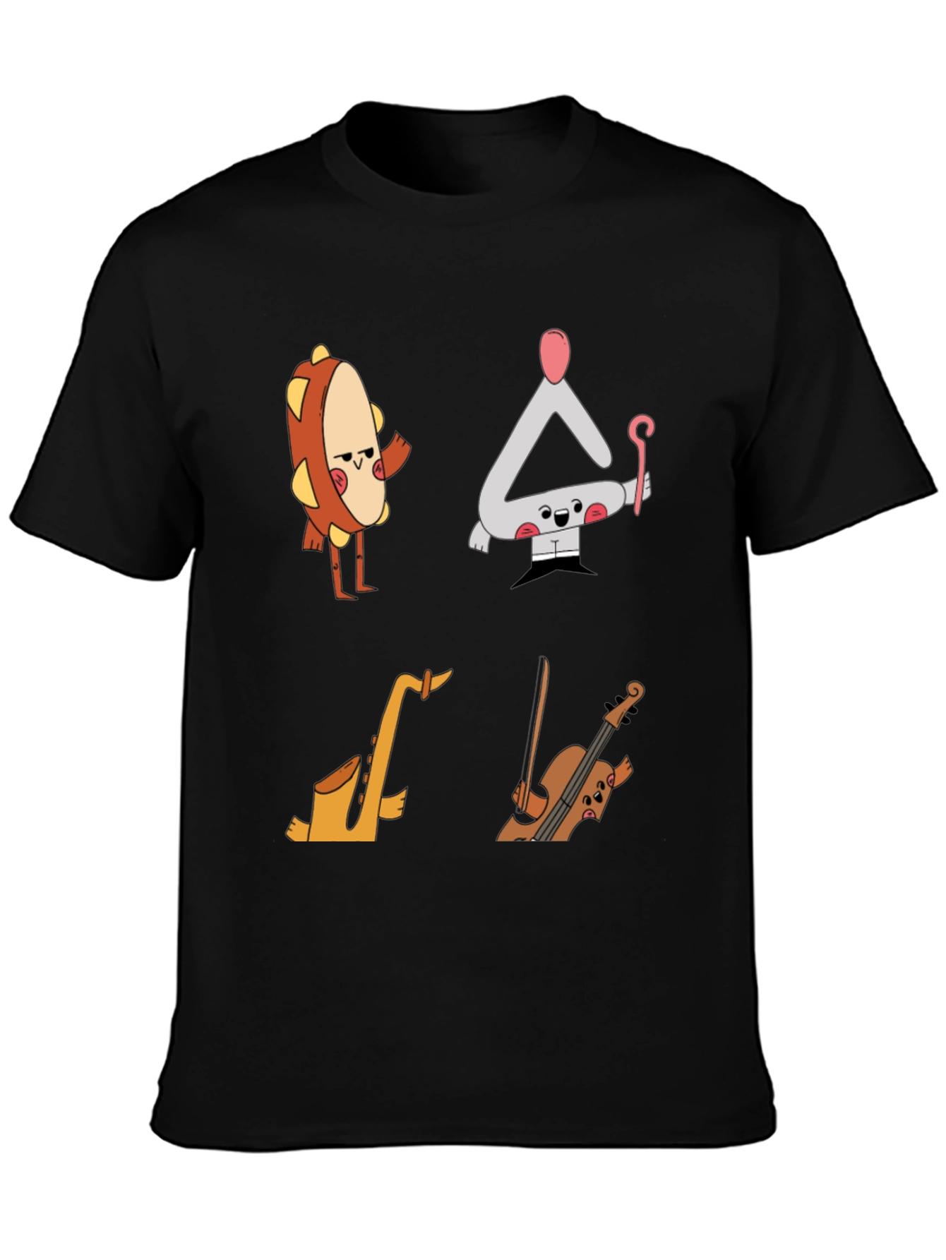 Black Musical Instrument Cartoon T-Shirt - Black view 3