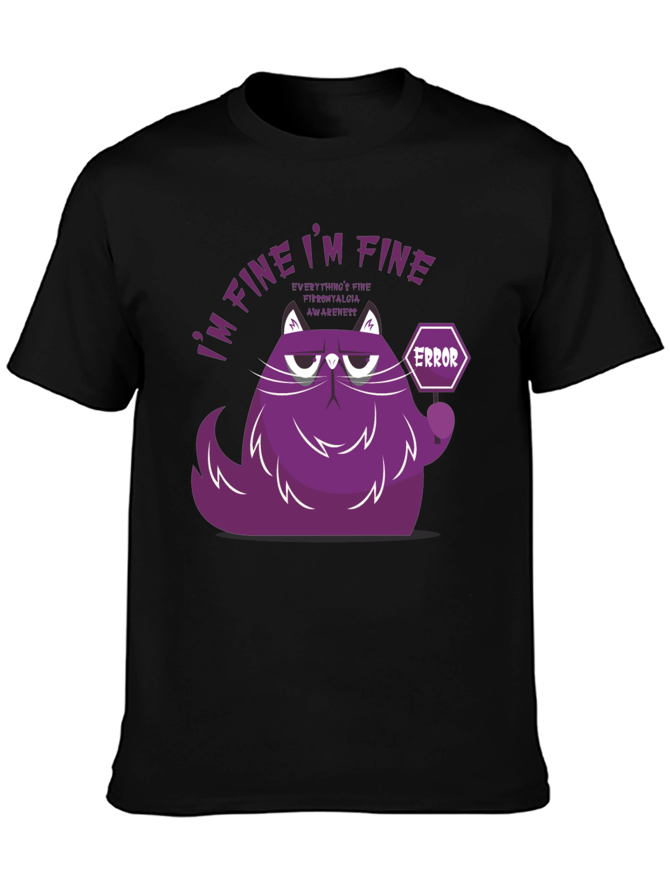 Black I'm Fine Cat T-Shirt - Fibromyalgia Awareness view 3