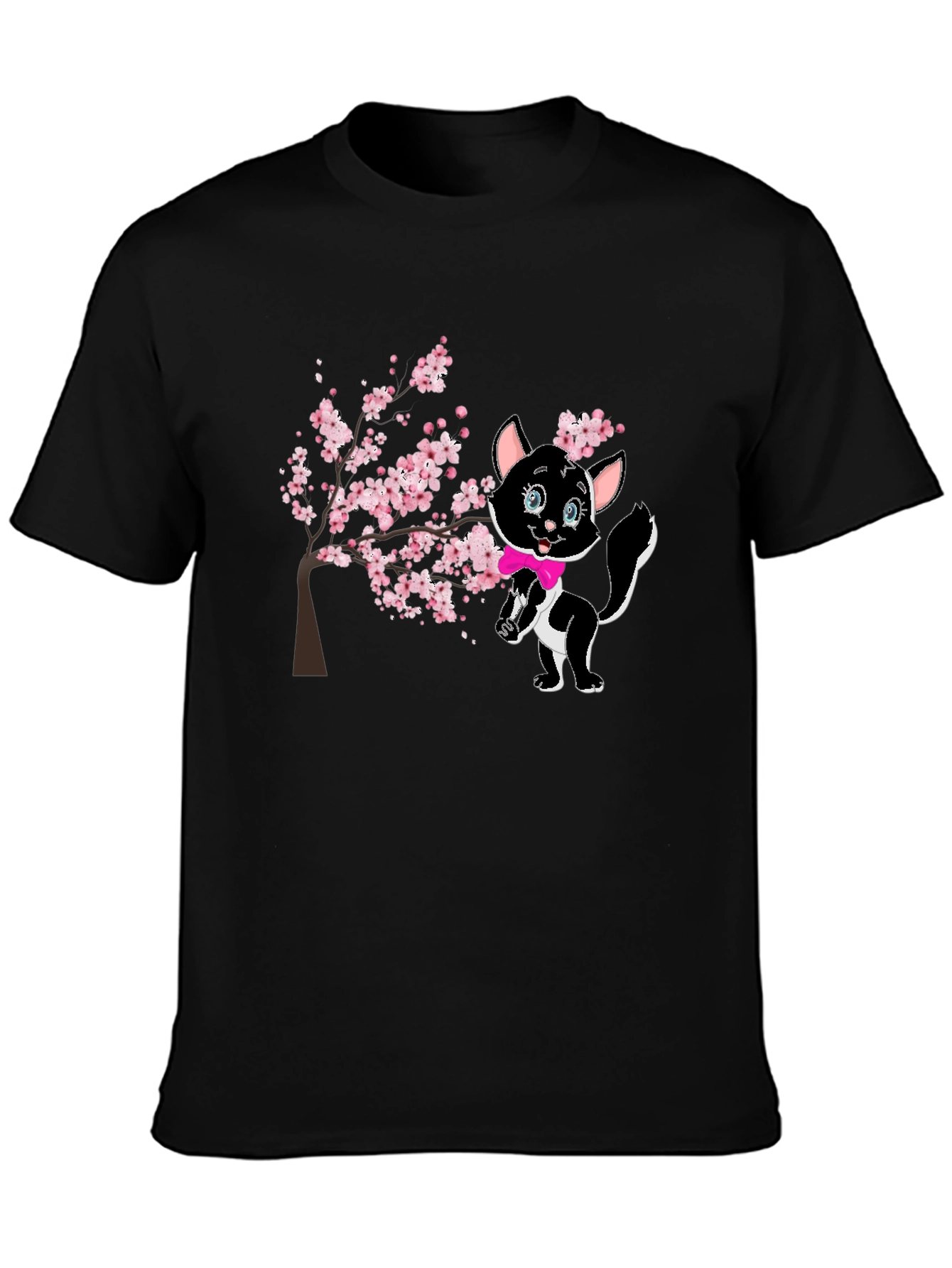 Black Cute Cat & Cherry Blossom Black T-Shirt view 3