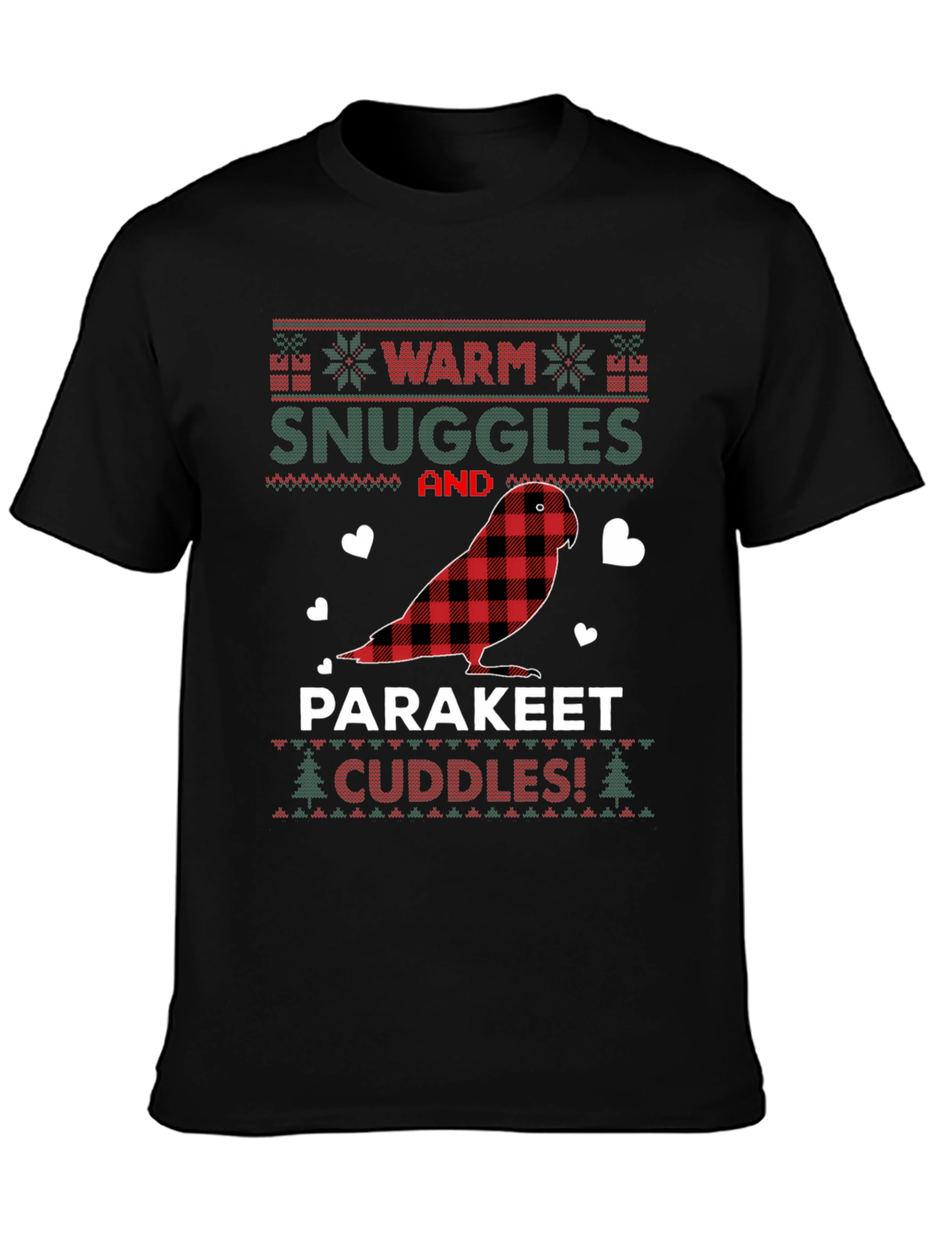 Black Parakeet Cuddles Christmas T-Shirt view 3