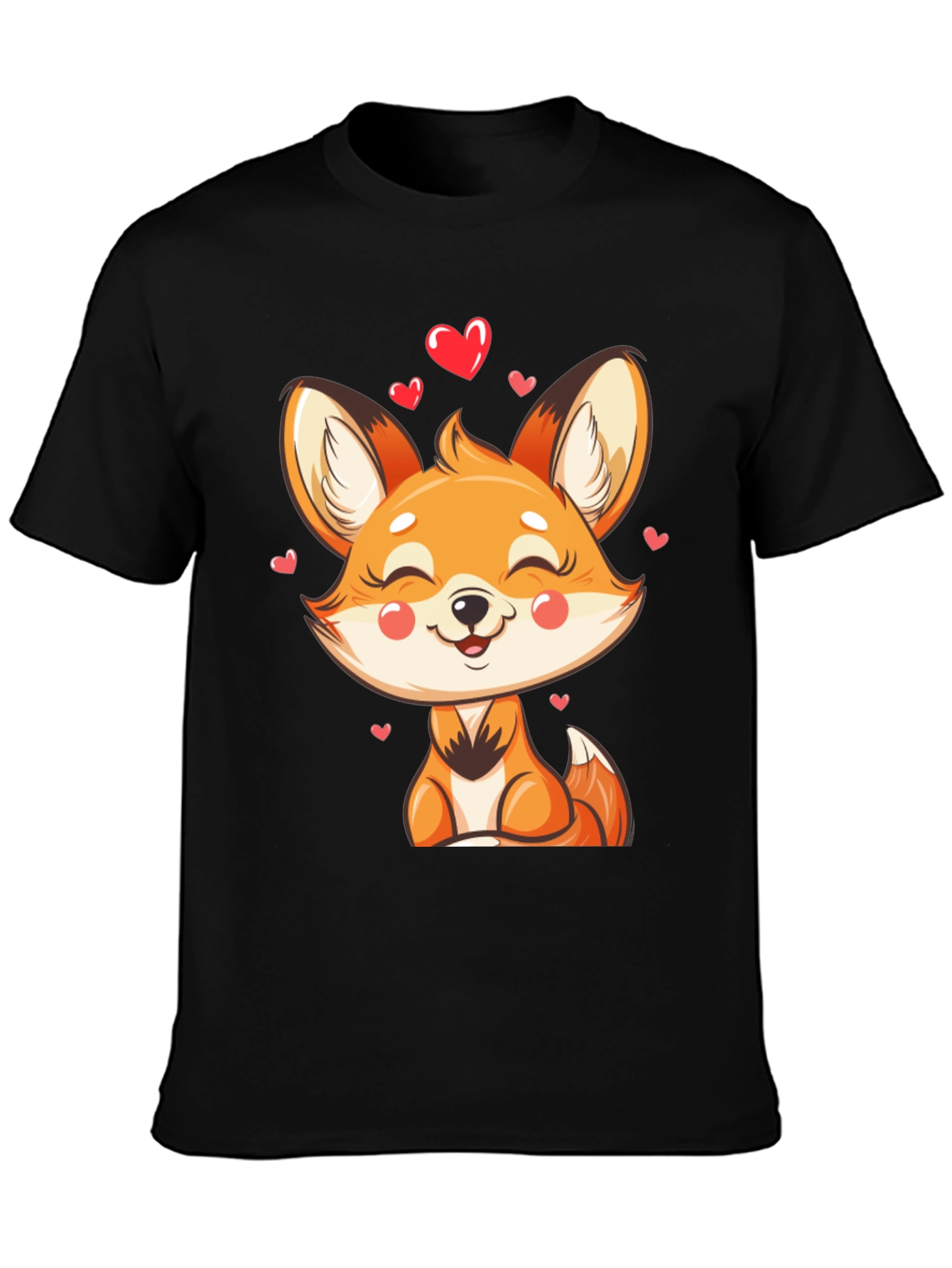 Black Cute Fox Heart Graphic Black T-Shirt view 3