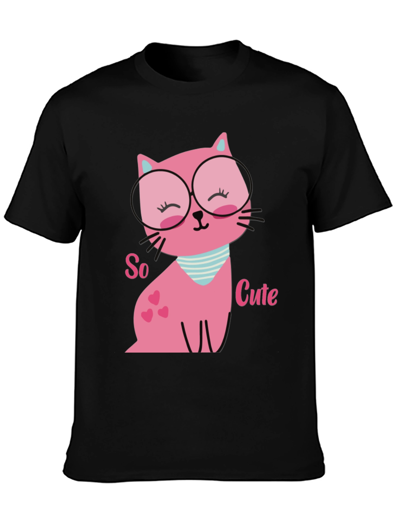 Black Cute Pink Cat T-Shirt view 3