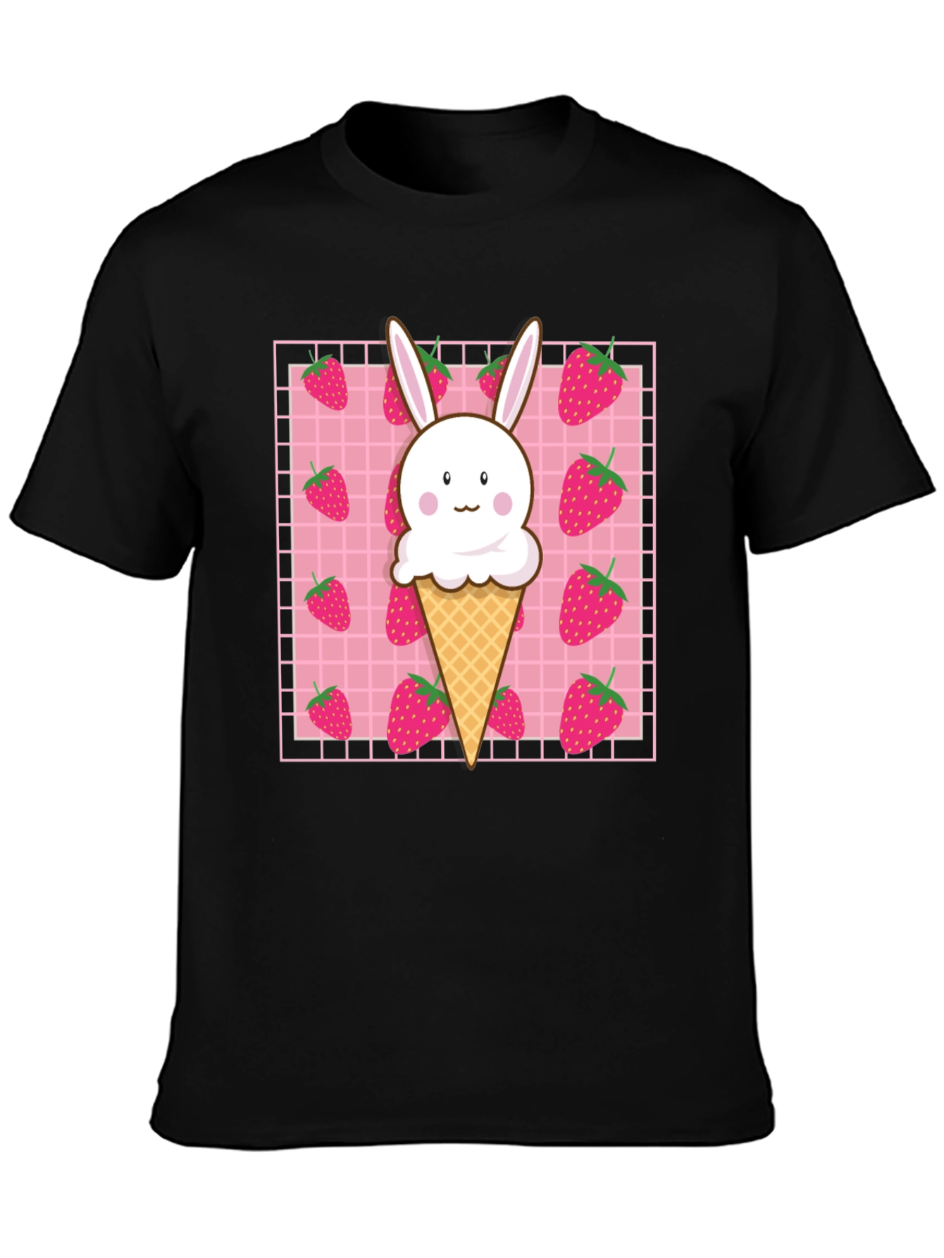 Black Kawaii Strawberry Bunny Ice Cream T-Shirt view 3