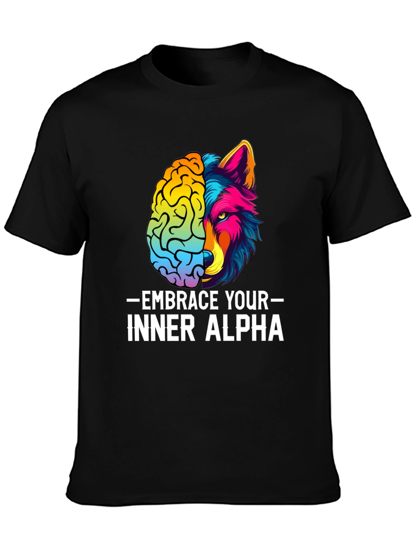 Black Embrace Your Inner Alpha T-Shirt - Brain & Wolf Design view 3