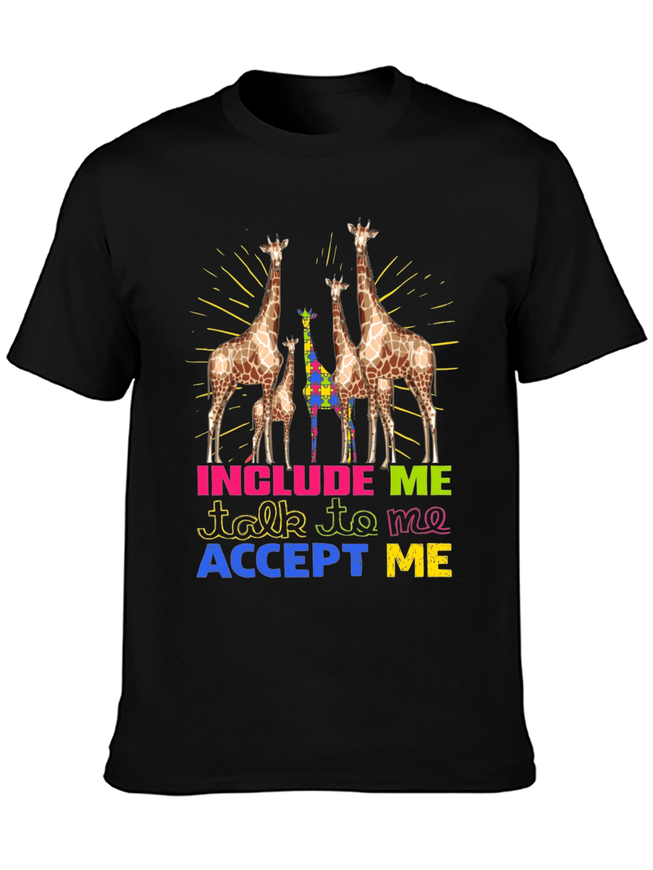 Black Autism Awareness Giraffe T-Shirt view 3