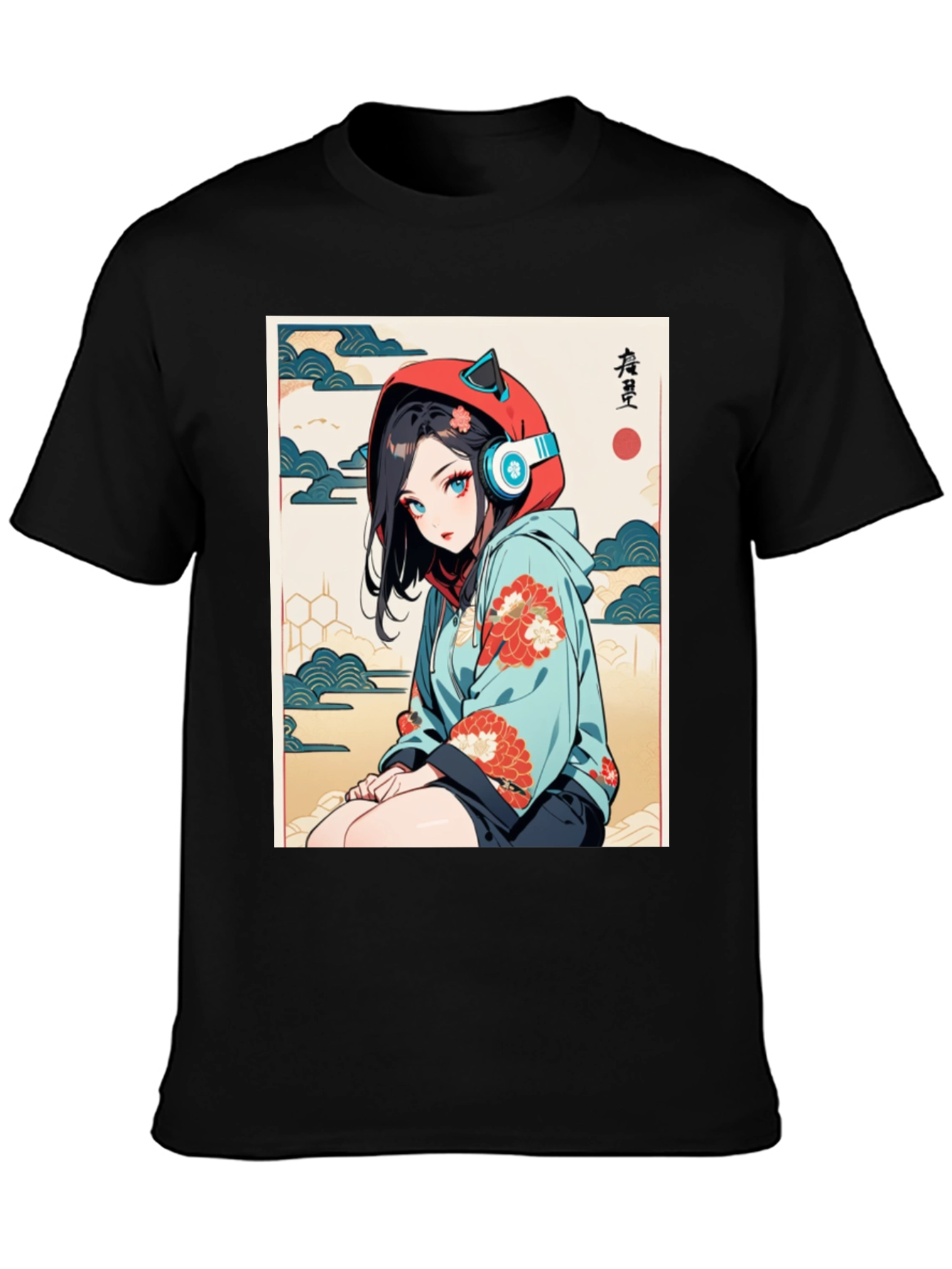 Black Anime Girl Ukiyo-e Style Graphic Tee view 3