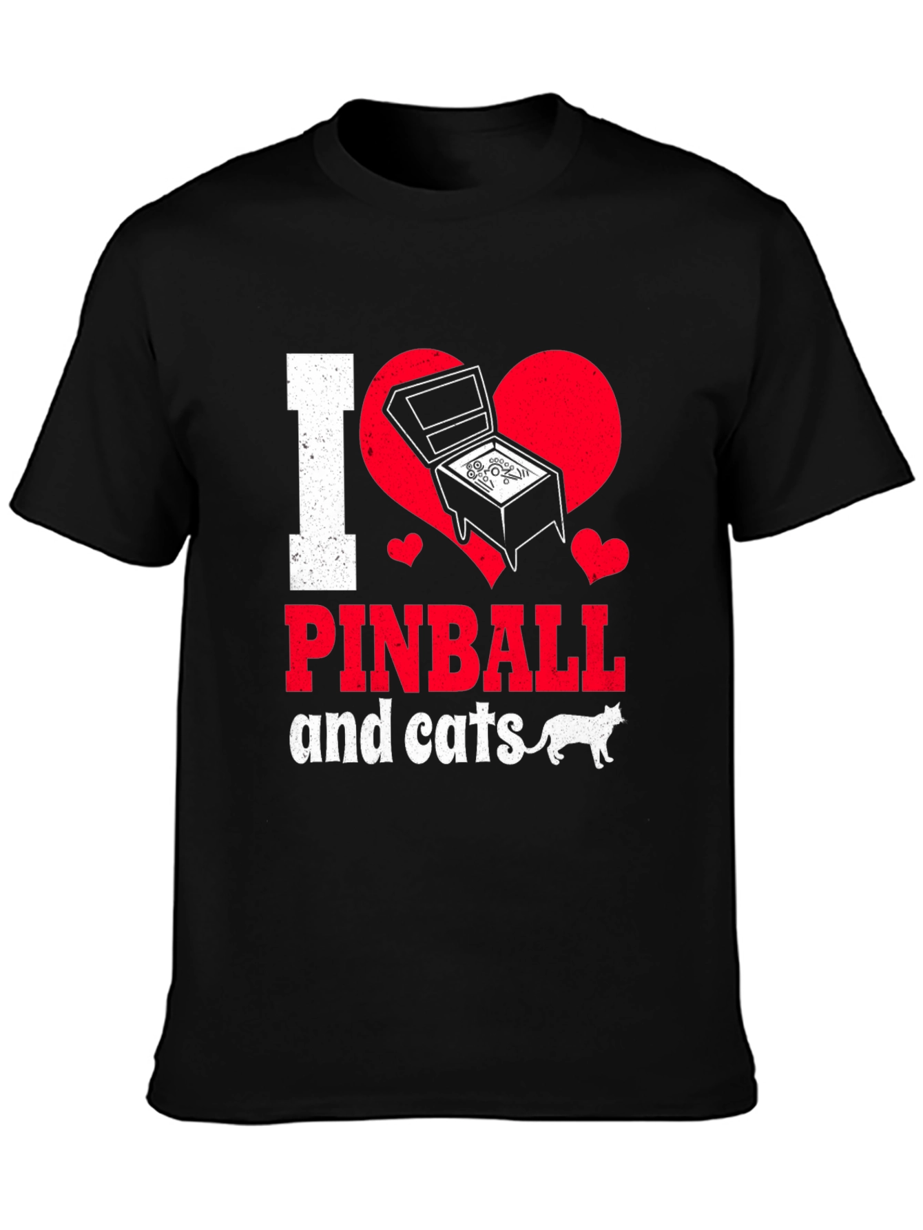 Black I Love Pinball and Cats Graphic T-Shirt view 3