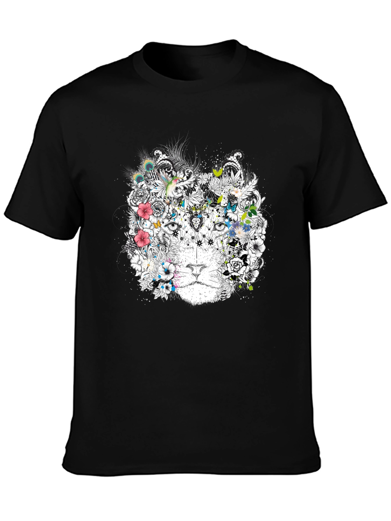 Black Floral Lion Graphic Black T-Shirt view 3