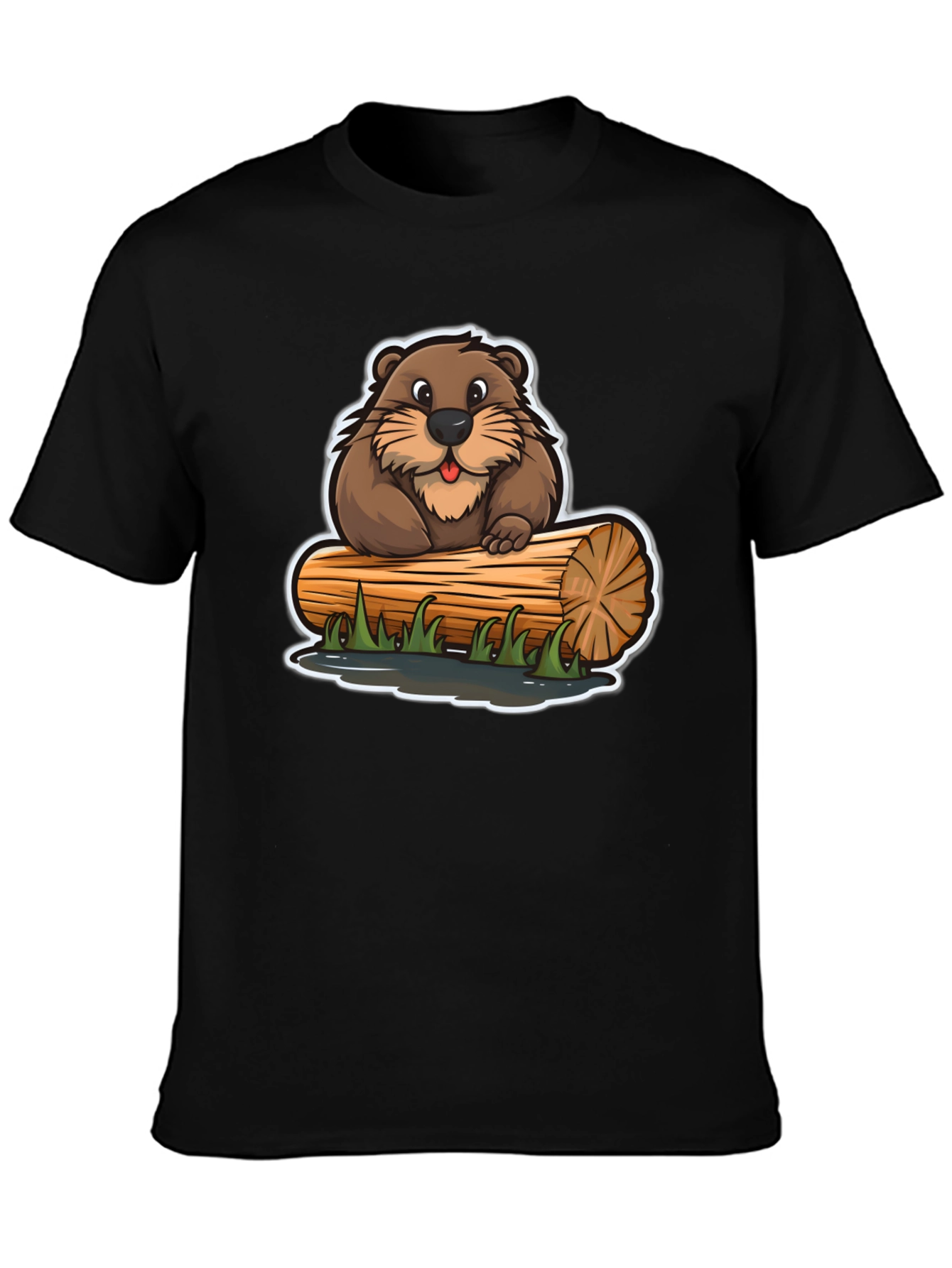 Black Cartoon Beaver on Log T-Shirt view 3