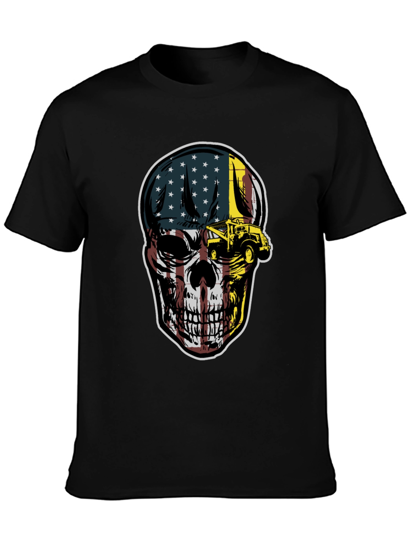 Black American Flag Skull Tow Truck T-Shirt view 3