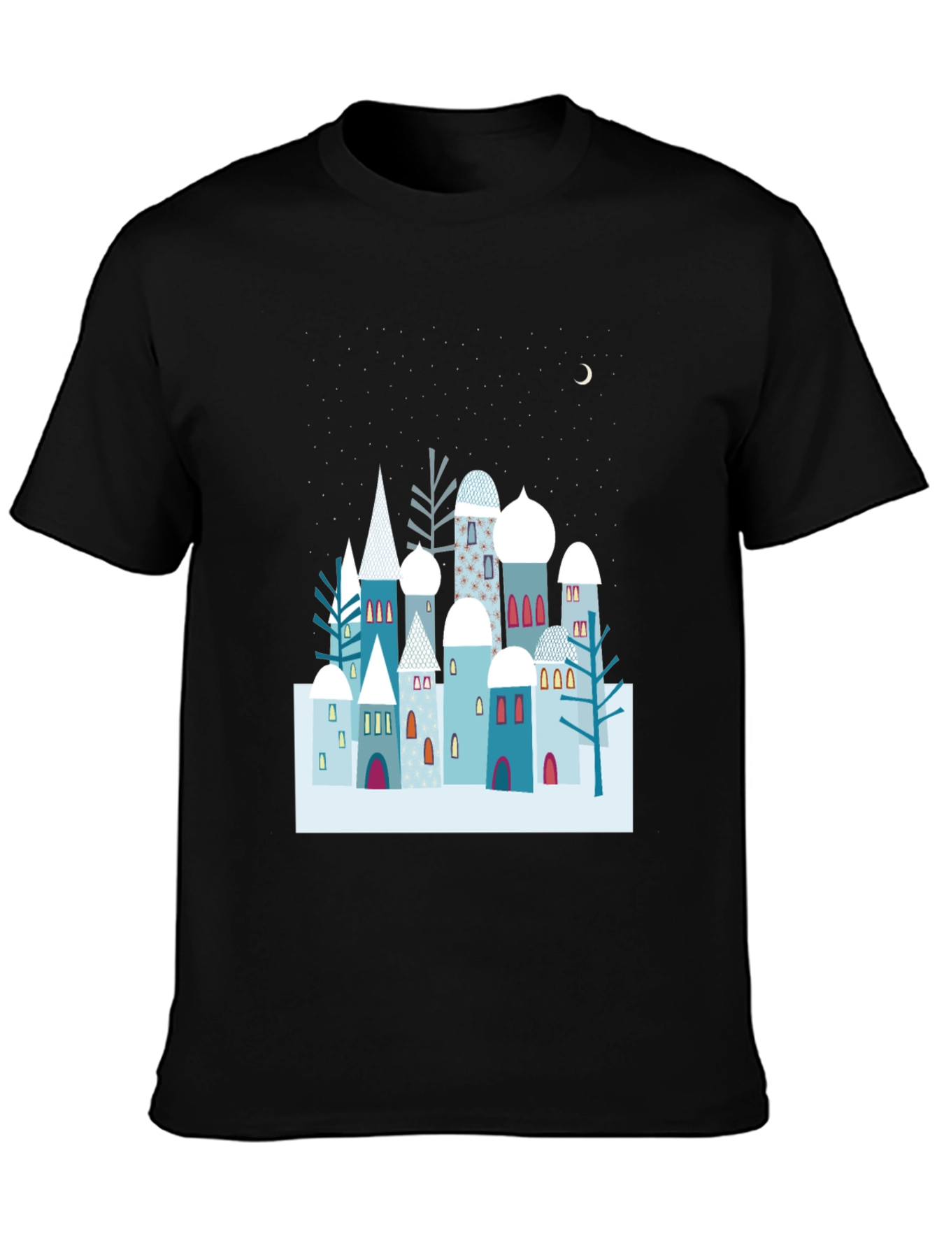 Black Winter Village Graphic Tee - Unique Design, Soft Cotton view 3