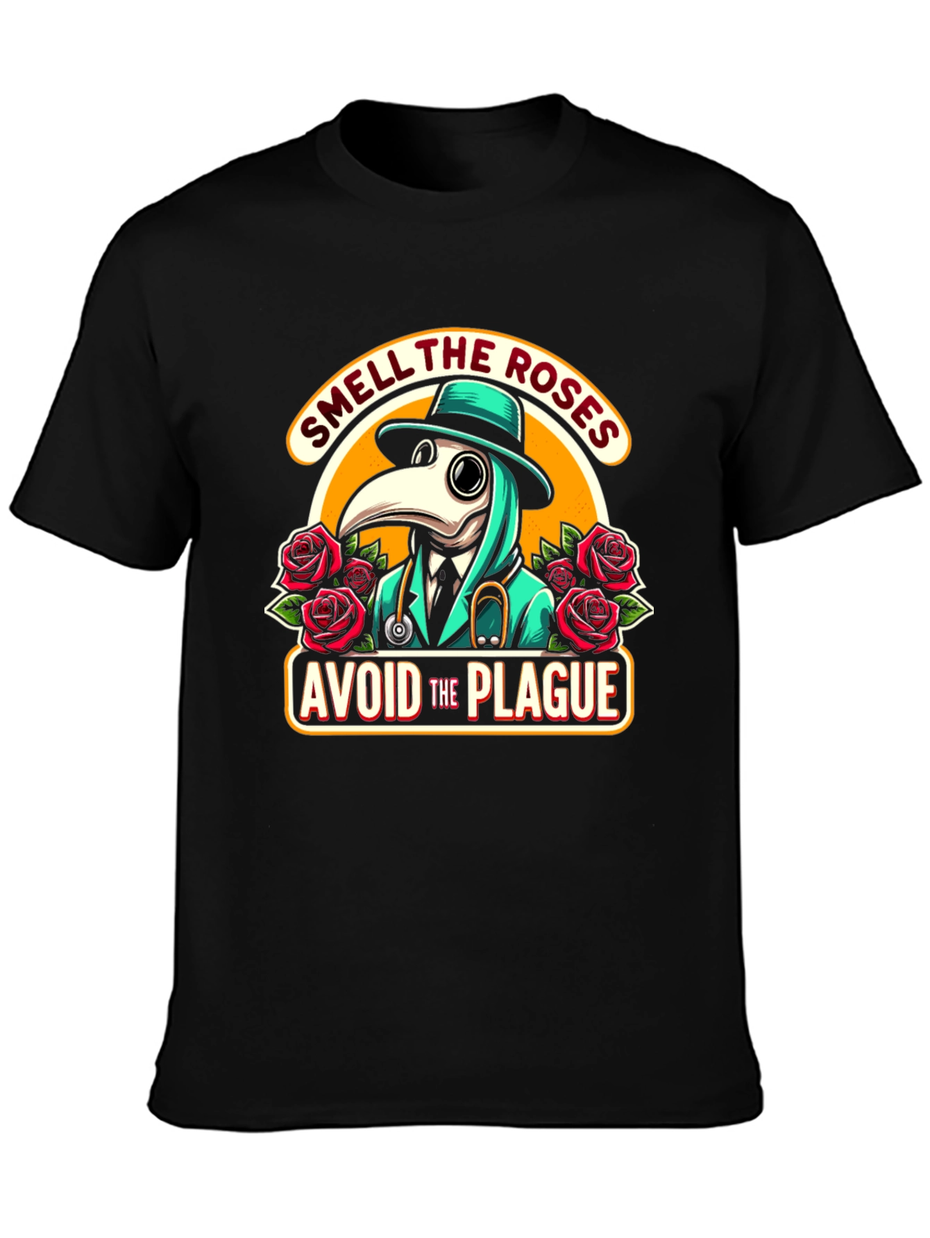 Black Plague Doctor T-Shirt: Smell the Roses, Avoid the Plague view 3