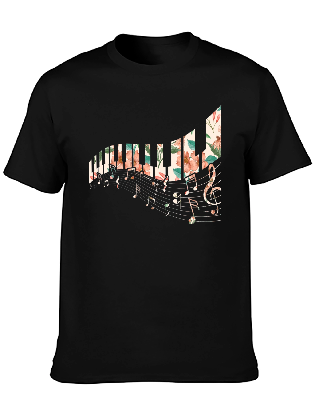 Black Floral Piano Keys T-Shirt view 3