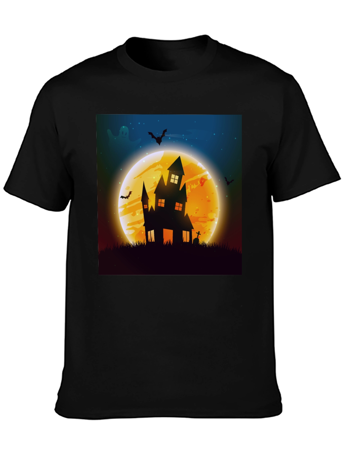 Black Spooky Halloween Haunted House Graphic Tee view 3