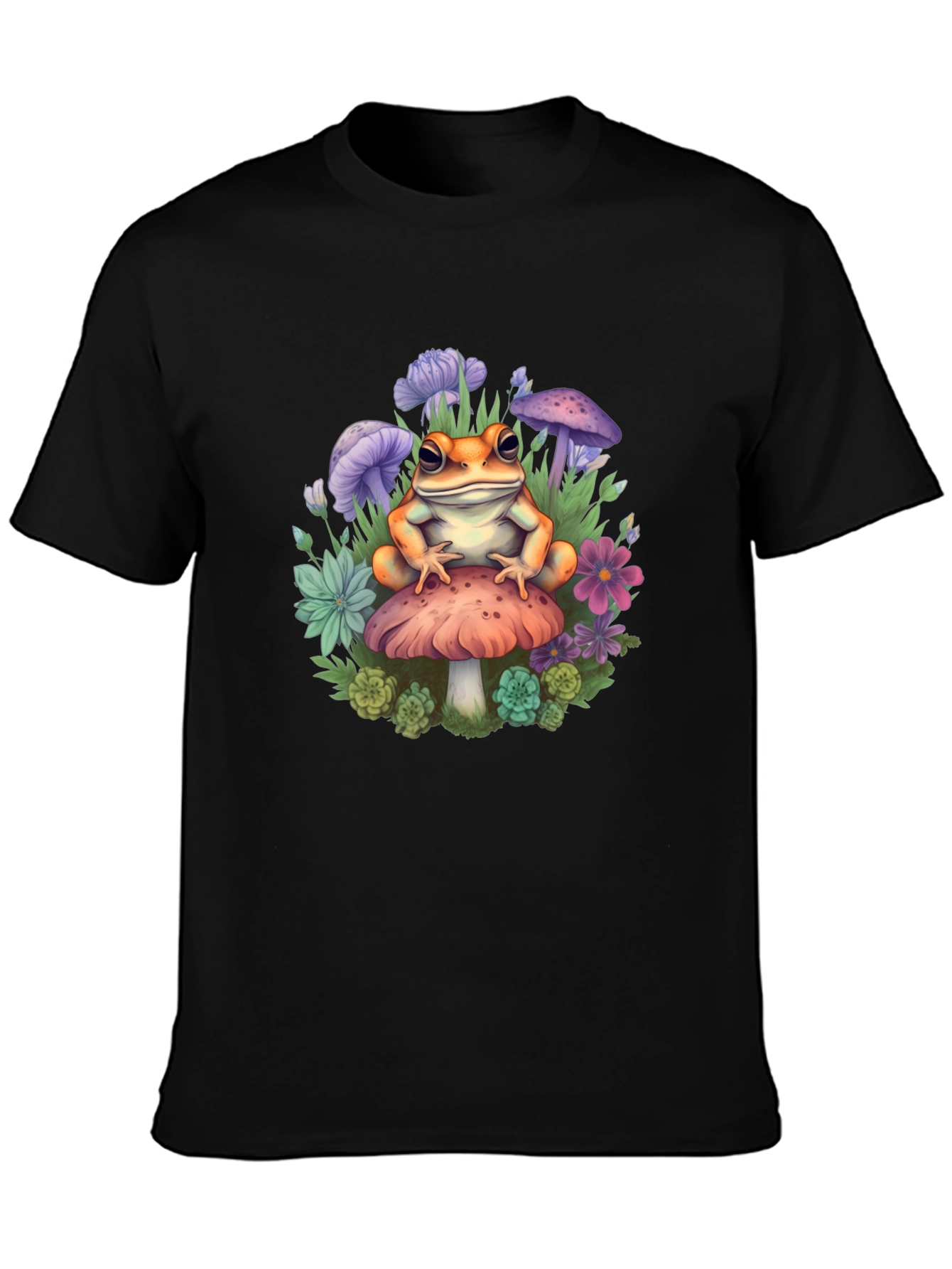 Black Frog on Mushroom Graphic Tee - Whimsical Toadstool Design view 3